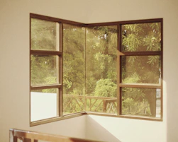 Corner window with view of trees and balcony