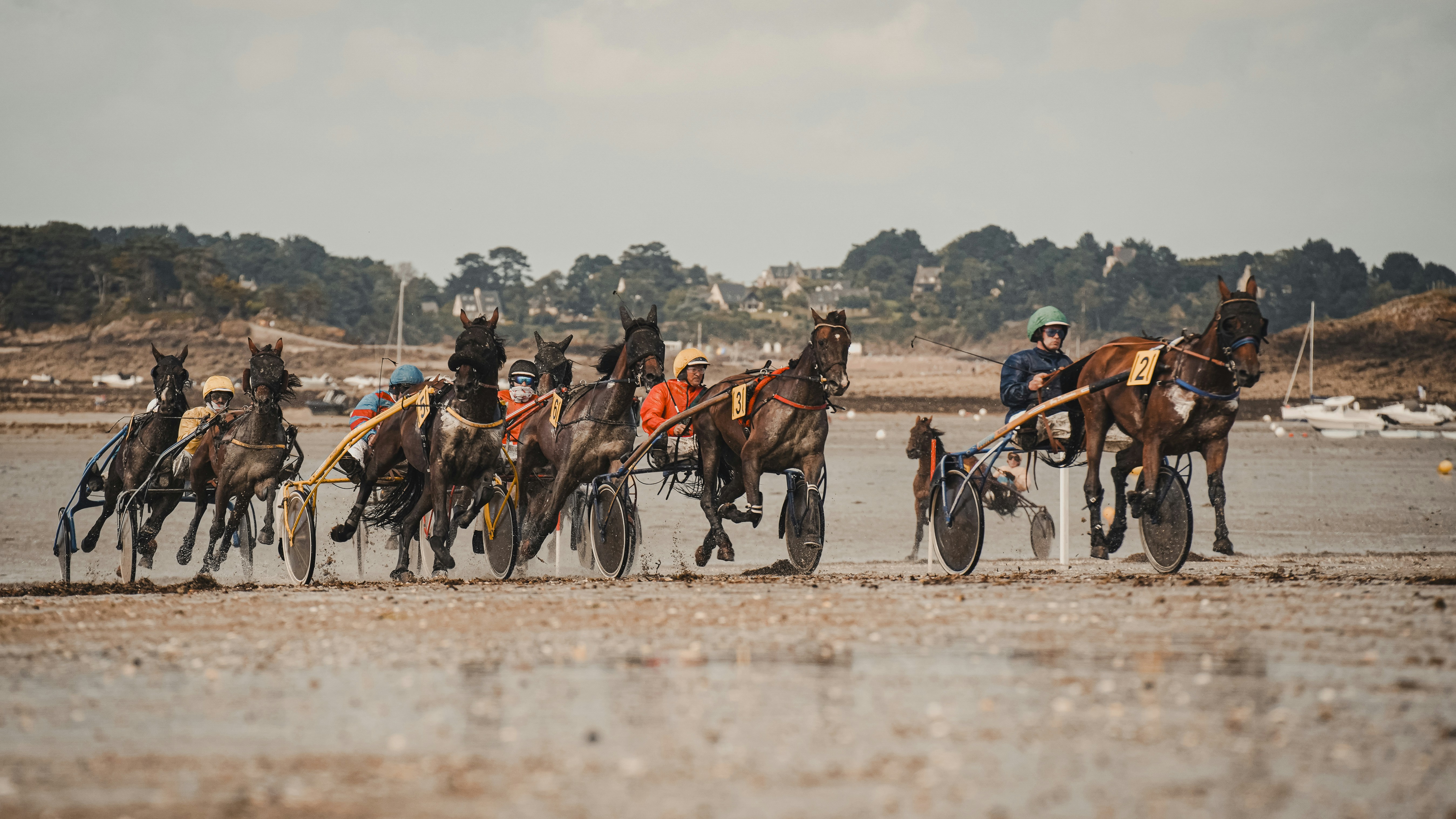 Pferderennen an einem Sandstrand mit Fahrern