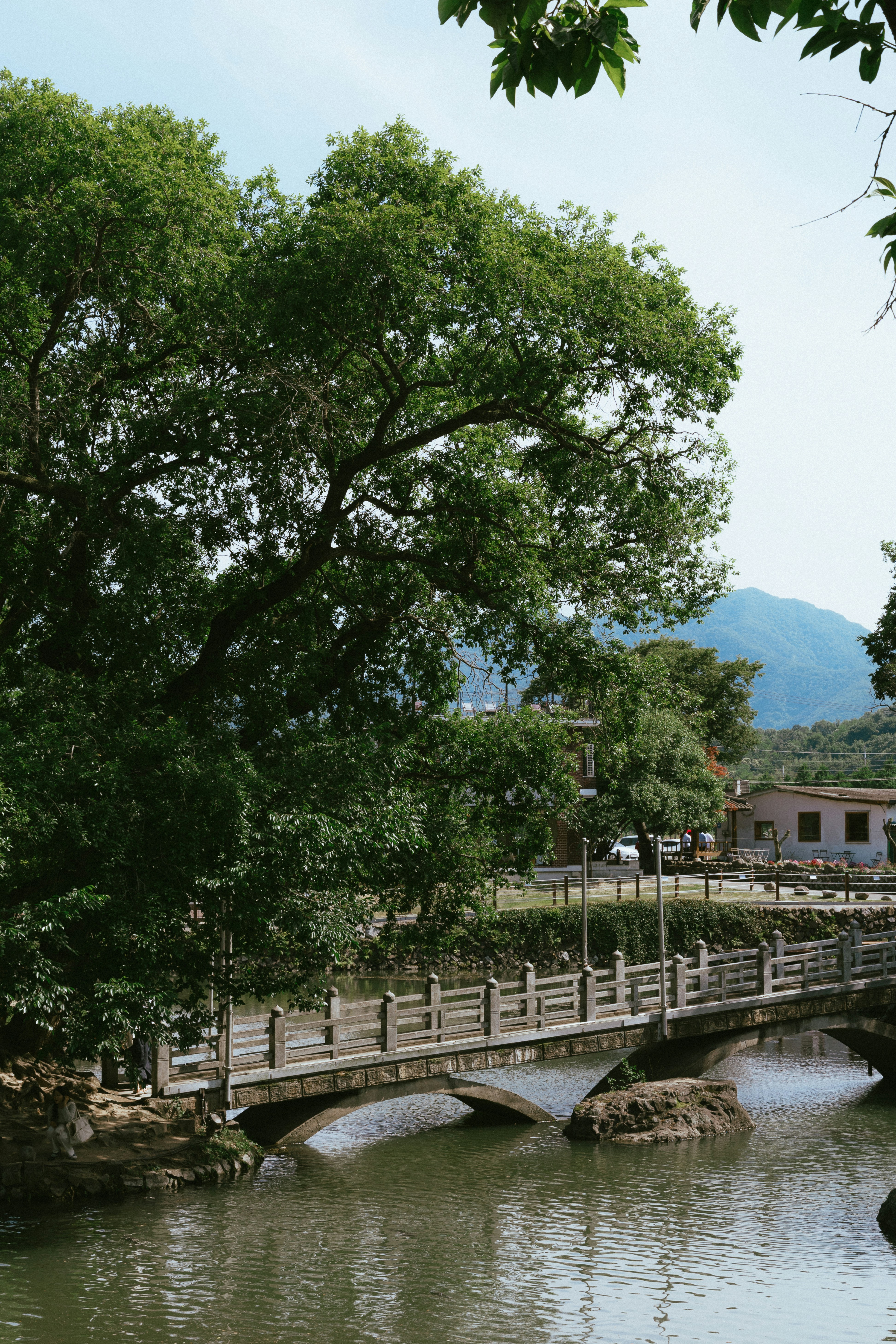 Stone bridge crosses a calm river surrounded by trees.