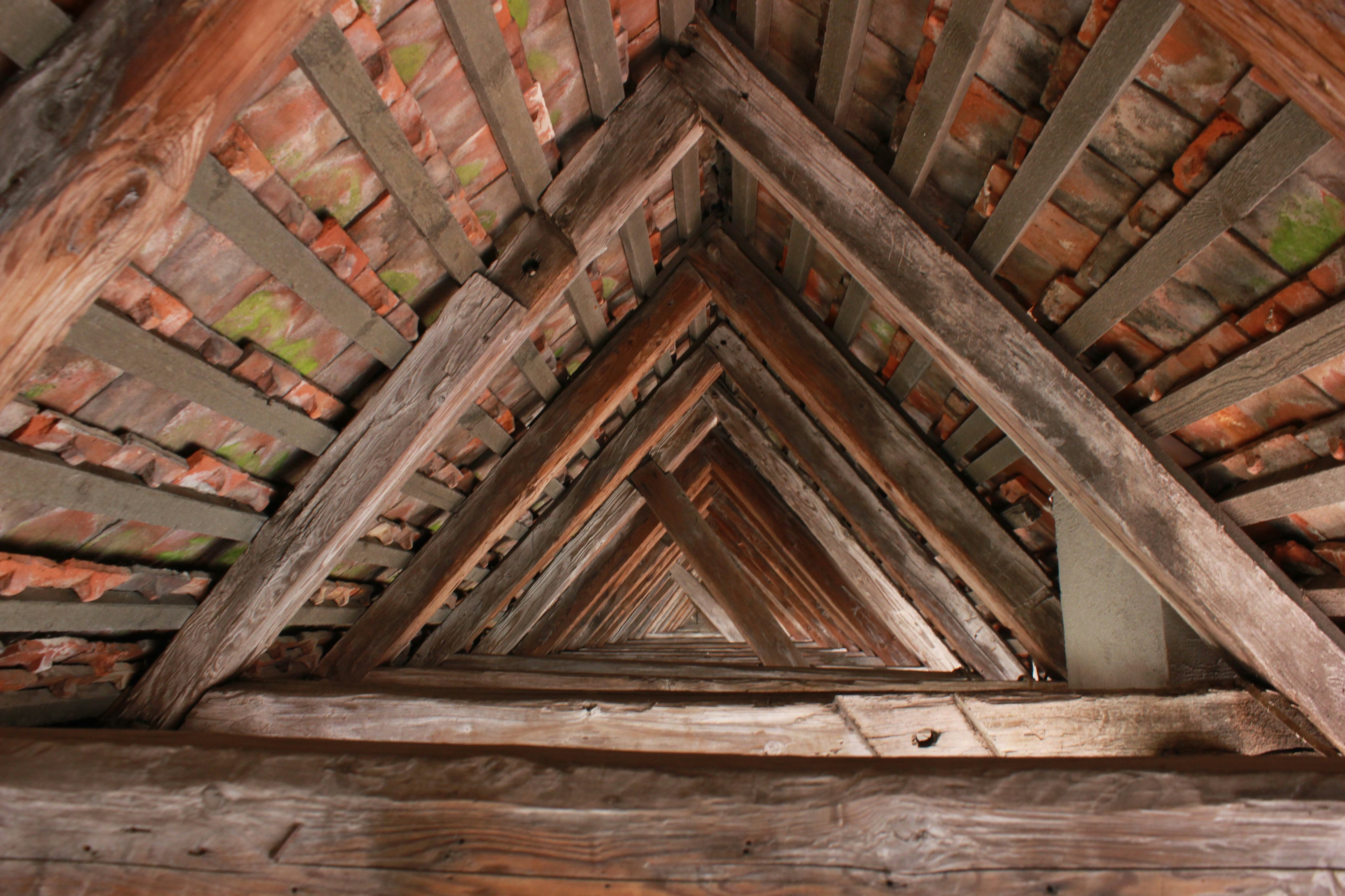 Wooden roof beams forming triangular patterns