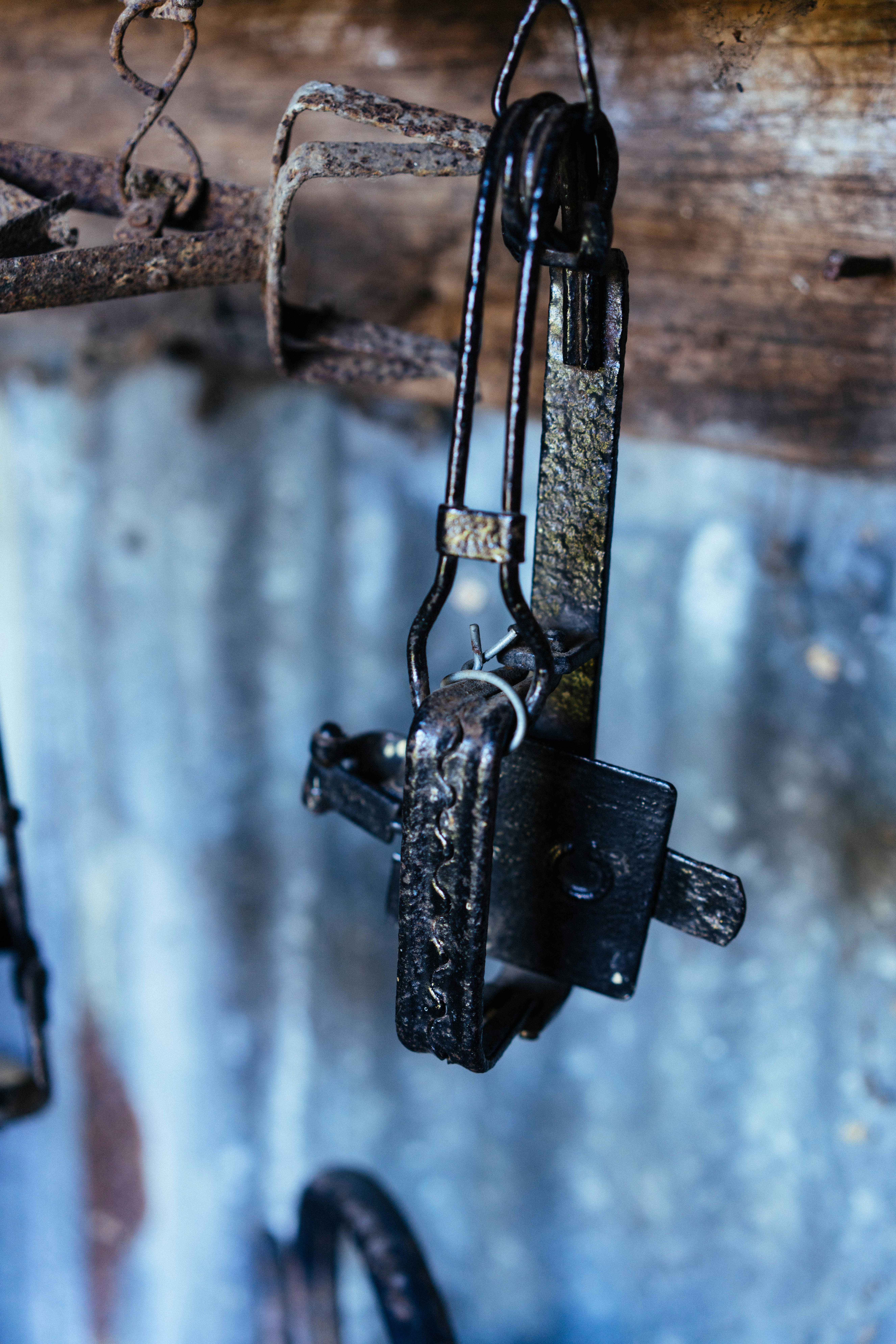An old metal animal trap hanging on a wooden beam