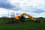 Yellow excavator clearing branches in a grassy field.