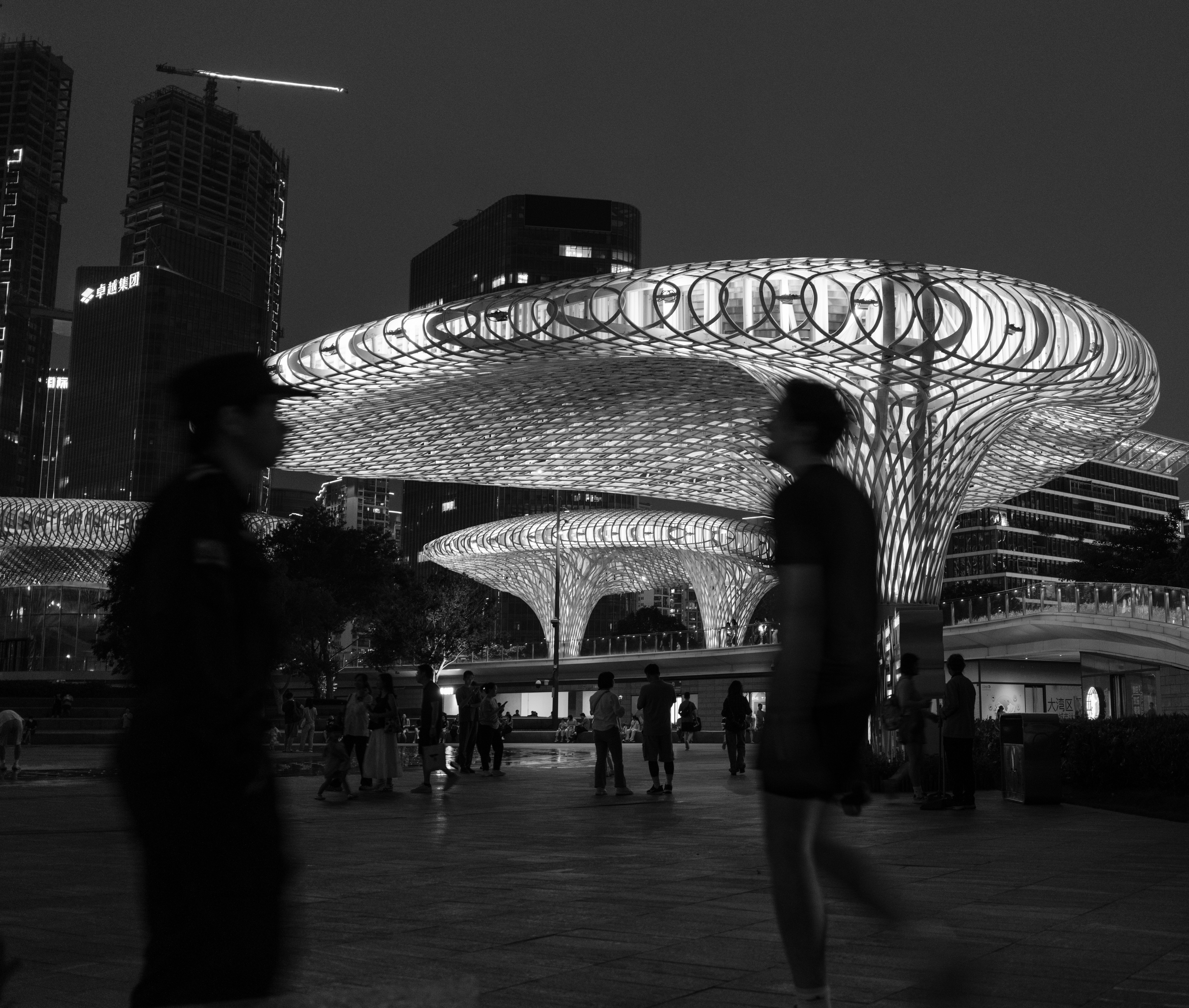 La gente pasa por la noche junto a la arquitectura moderna iluminada