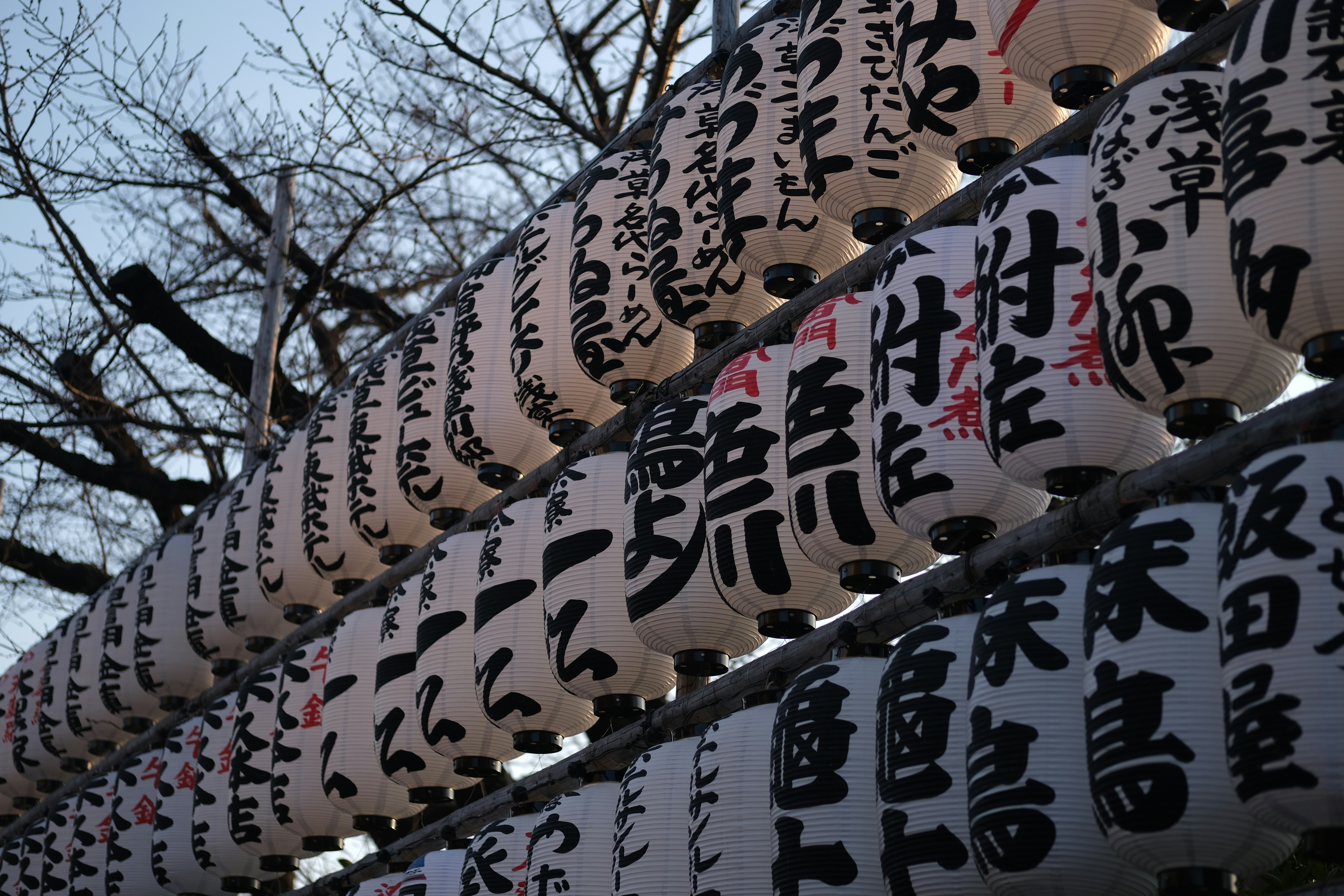 Rows of white japanese lanterns with black text.