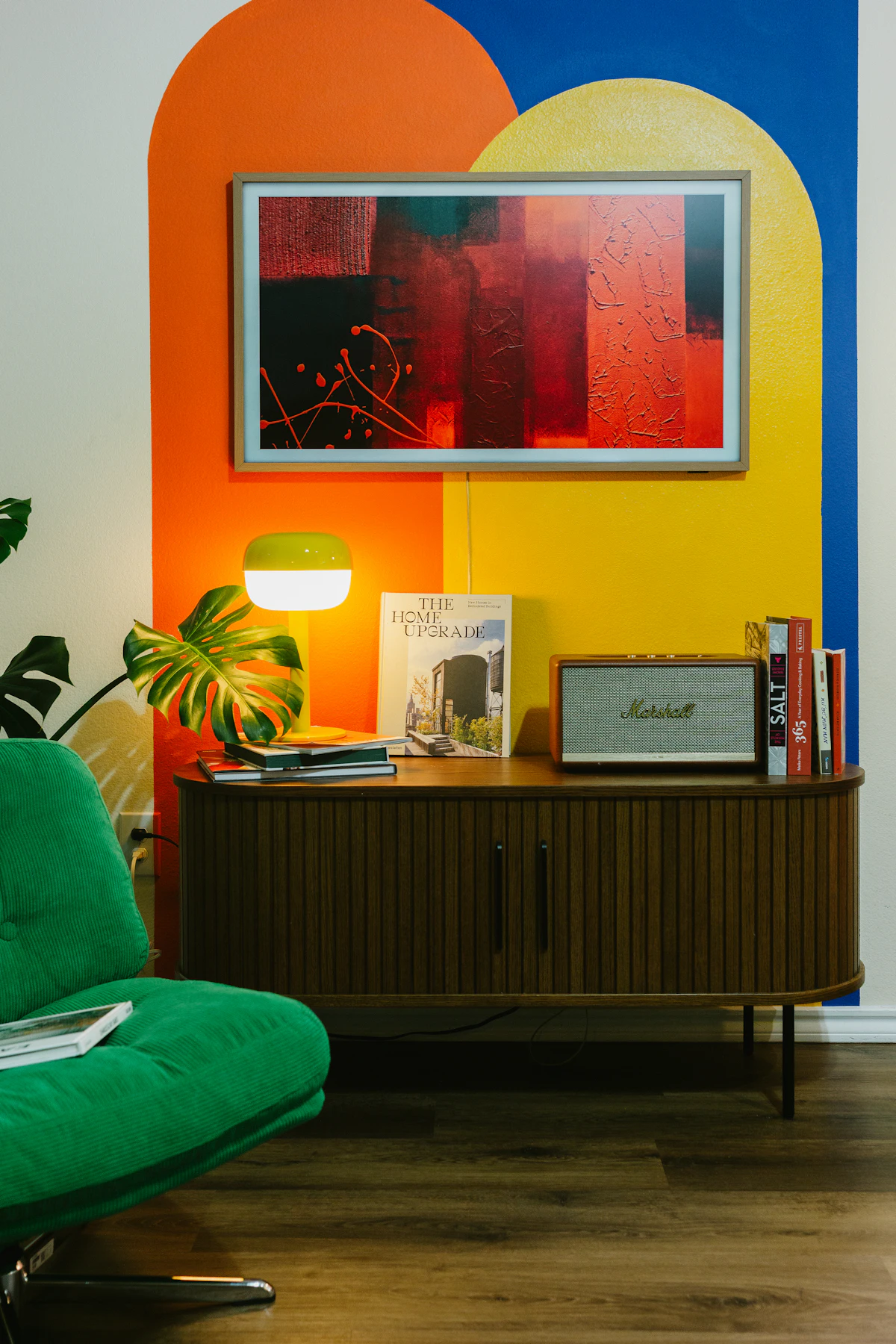 Contemporary living room with colorful statement artwork
