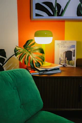 Green chair next to a lamp and books.