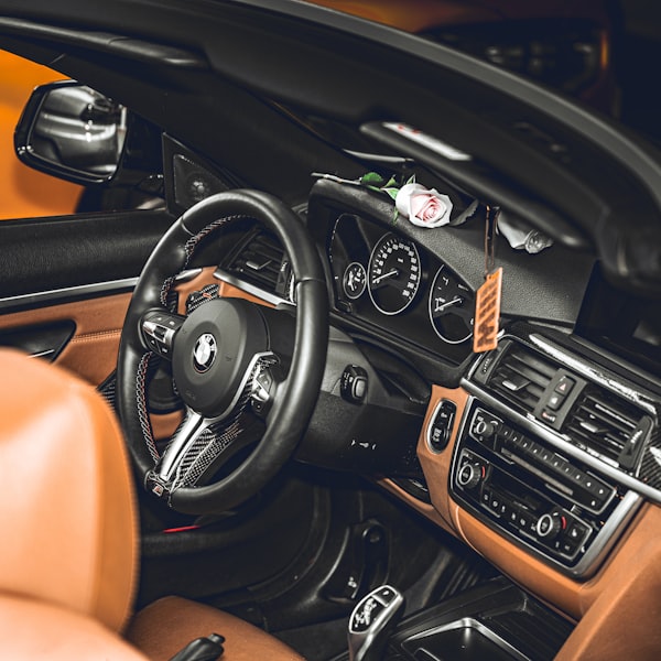 Leather dashboard and steering wheel in a luxury sedan