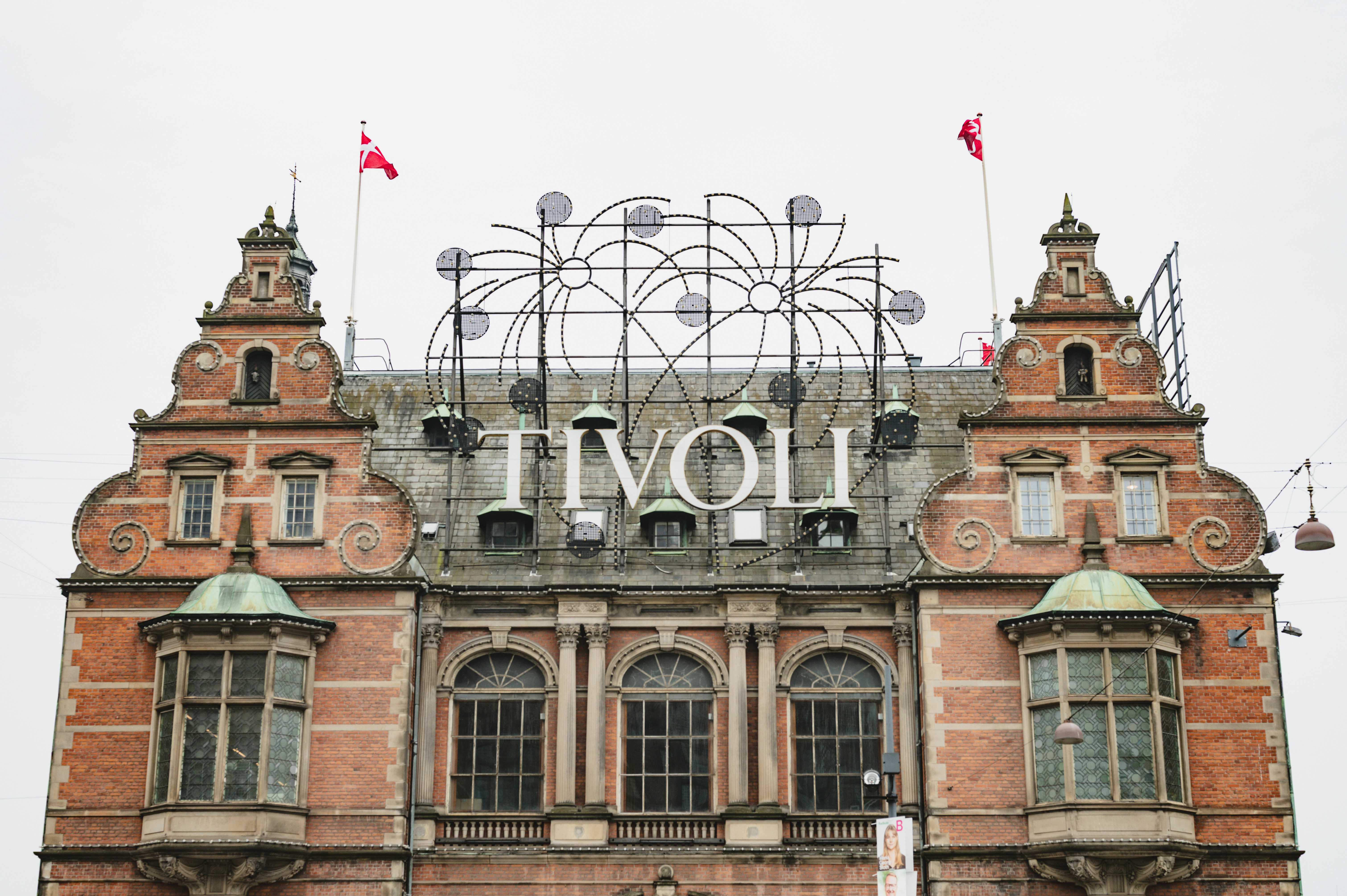 Tivoli gardens building with danish flags