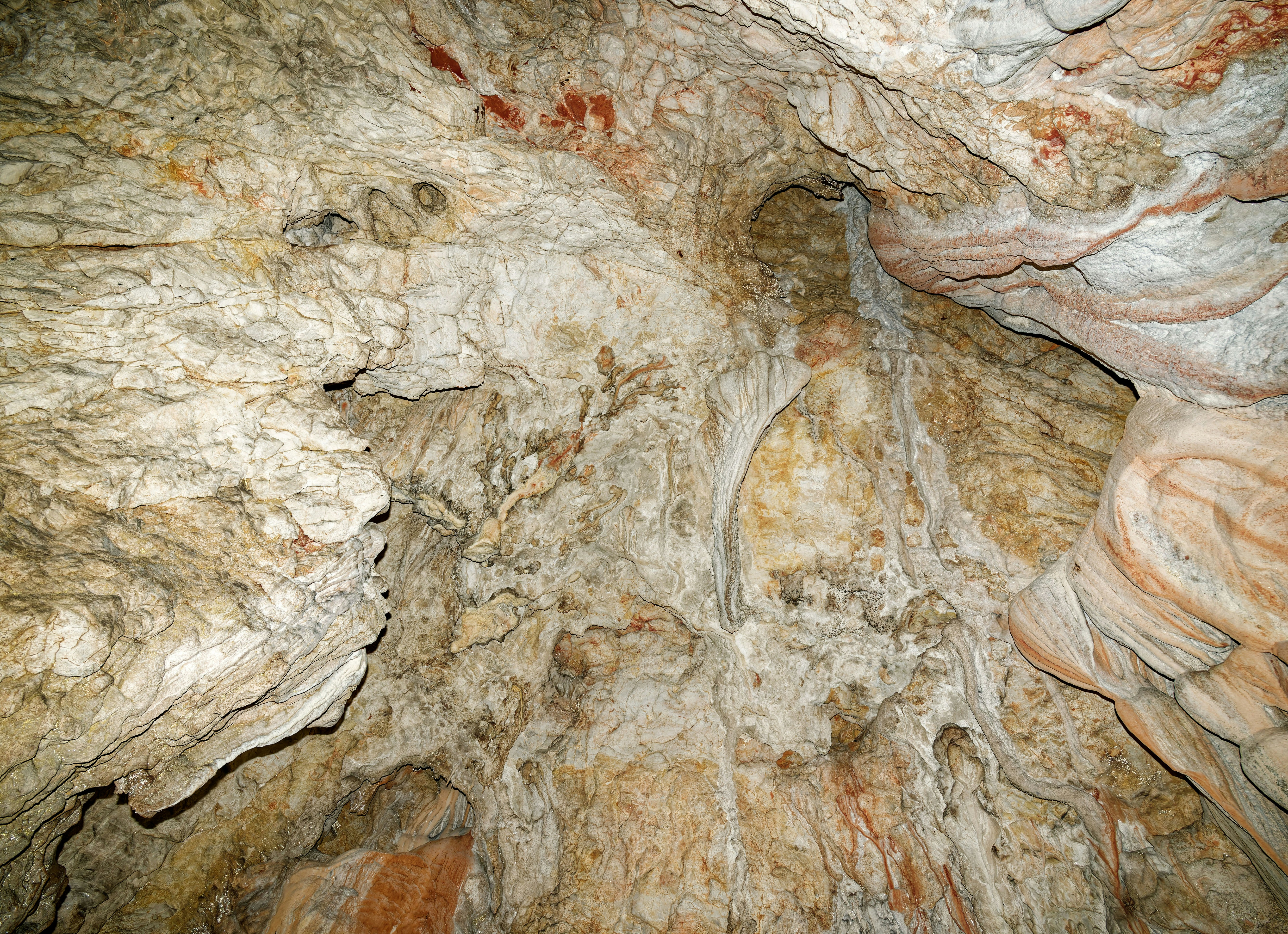 Interior de cueva con formaciones rocosas texturizadas y depósitos minerales.