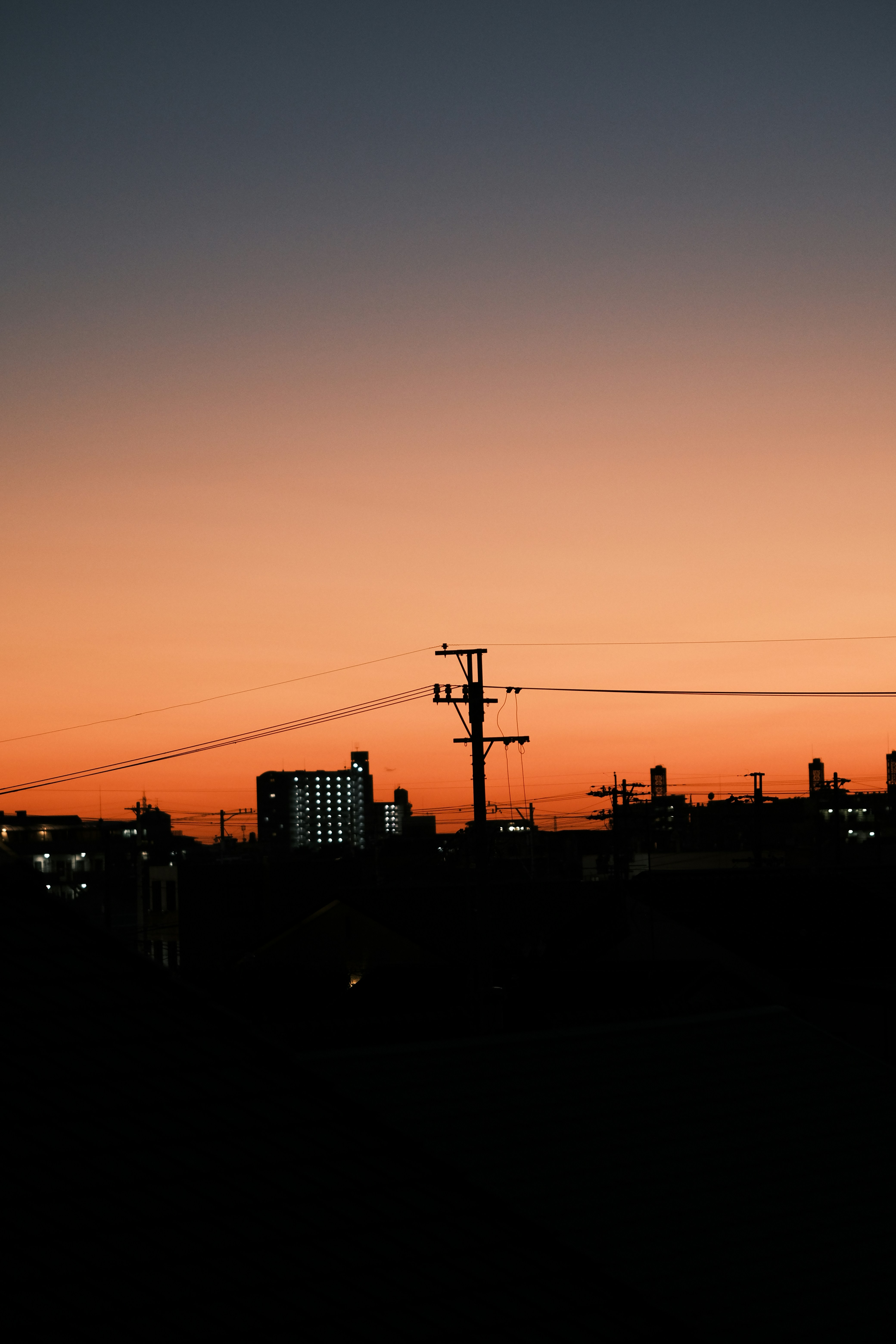 O horizonte da cidade se recortava contra um céu vibrante ao pôr do sol.