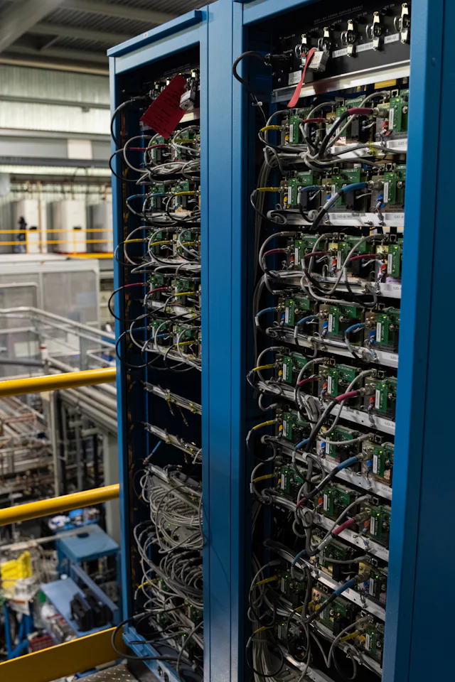Racks com componentes eletrônicos e cabeamento em uma instalação de pesquisa