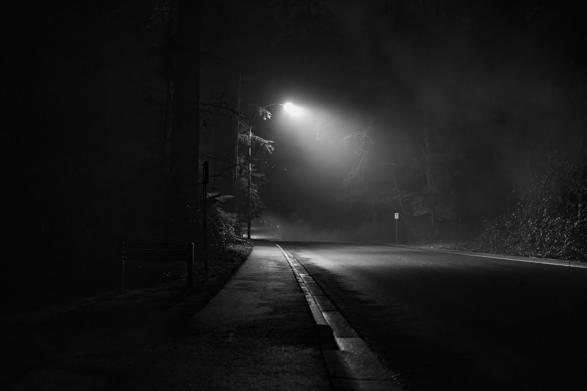 A foggy street at night illuminated by a single lamp
