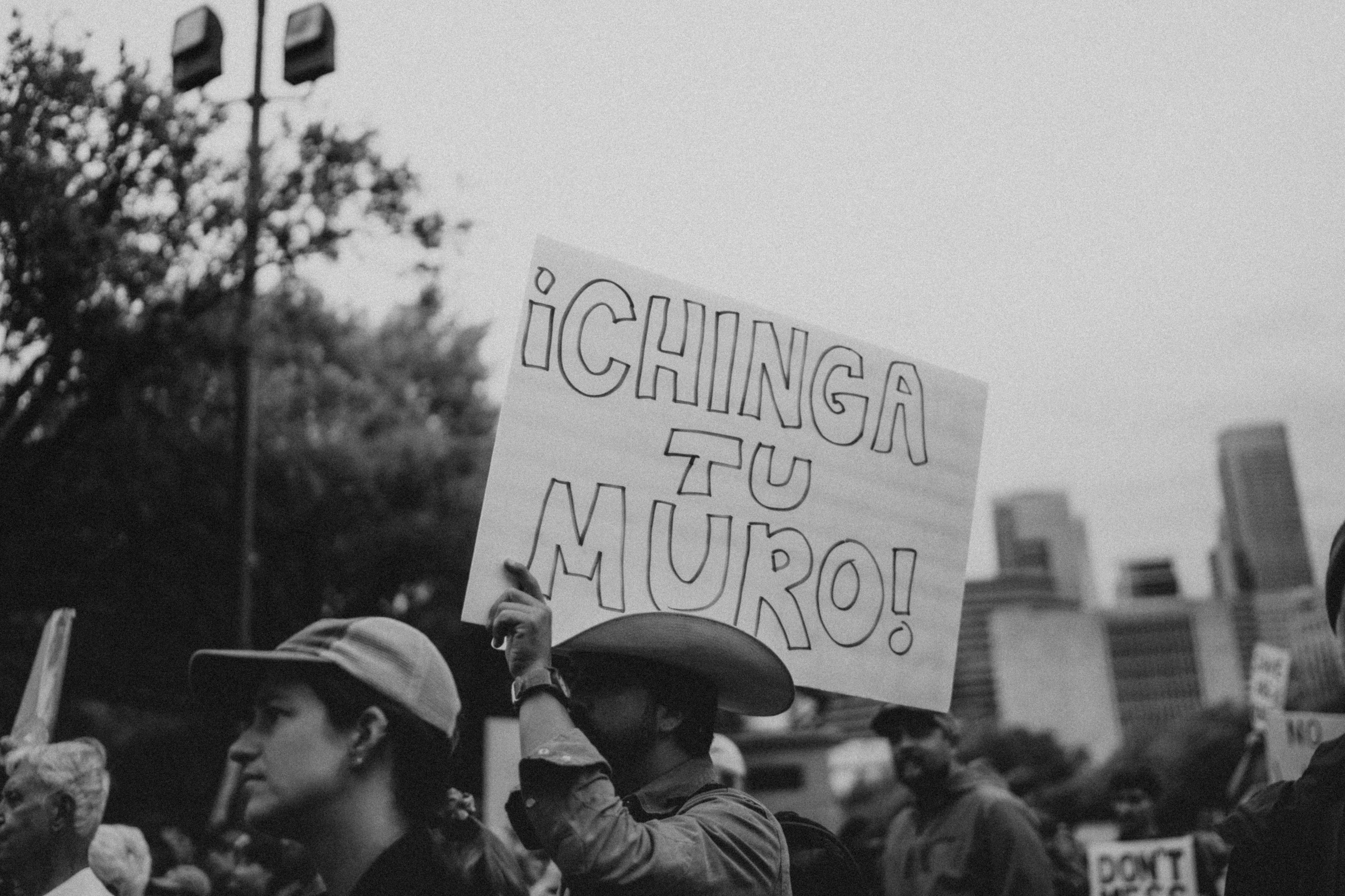 Les manifestants tiennent une pancarte sur laquelle il est écrit ¡chinga tu muro !