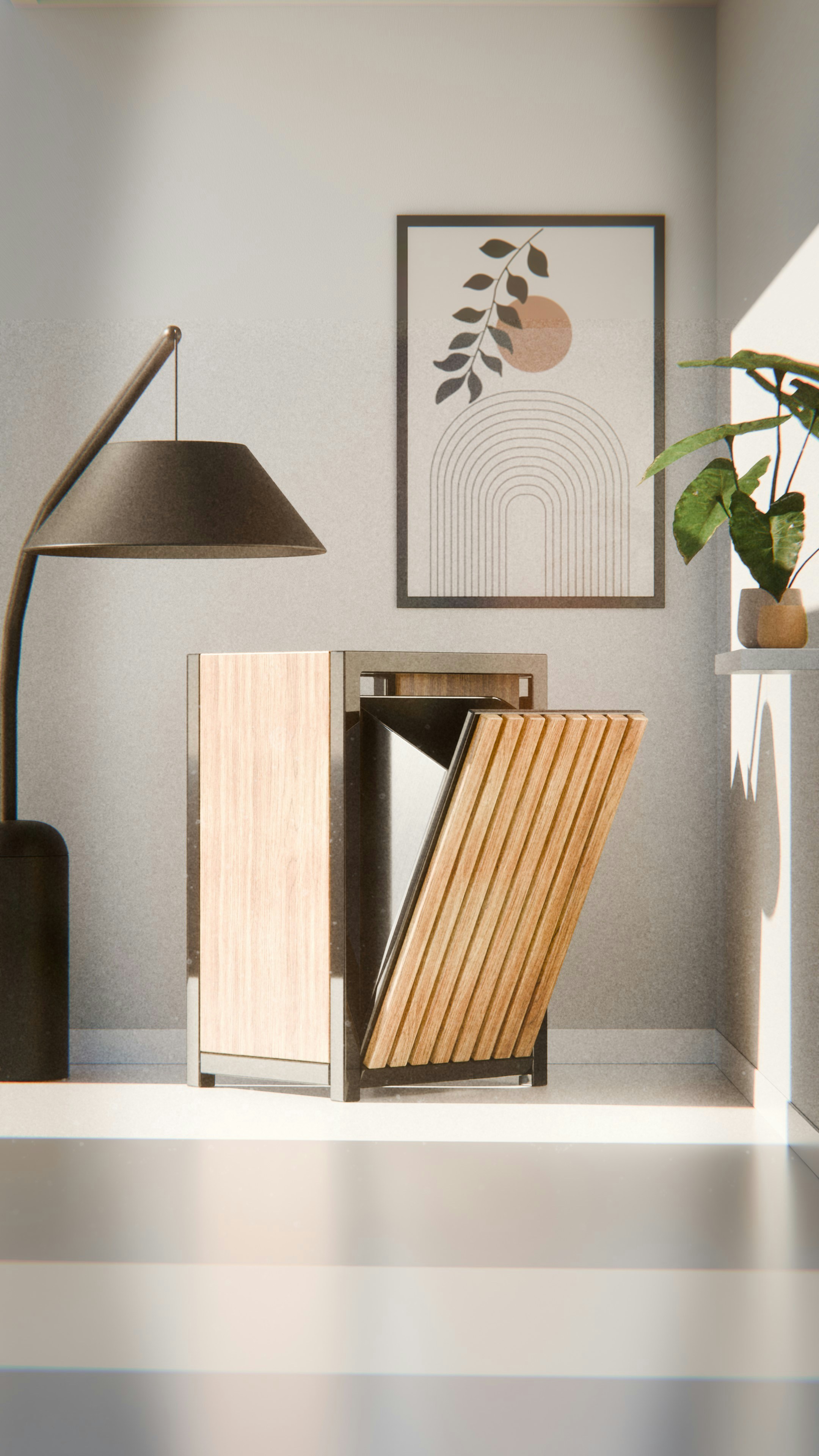 Modern wooden trash can with open lid in sunlit room.