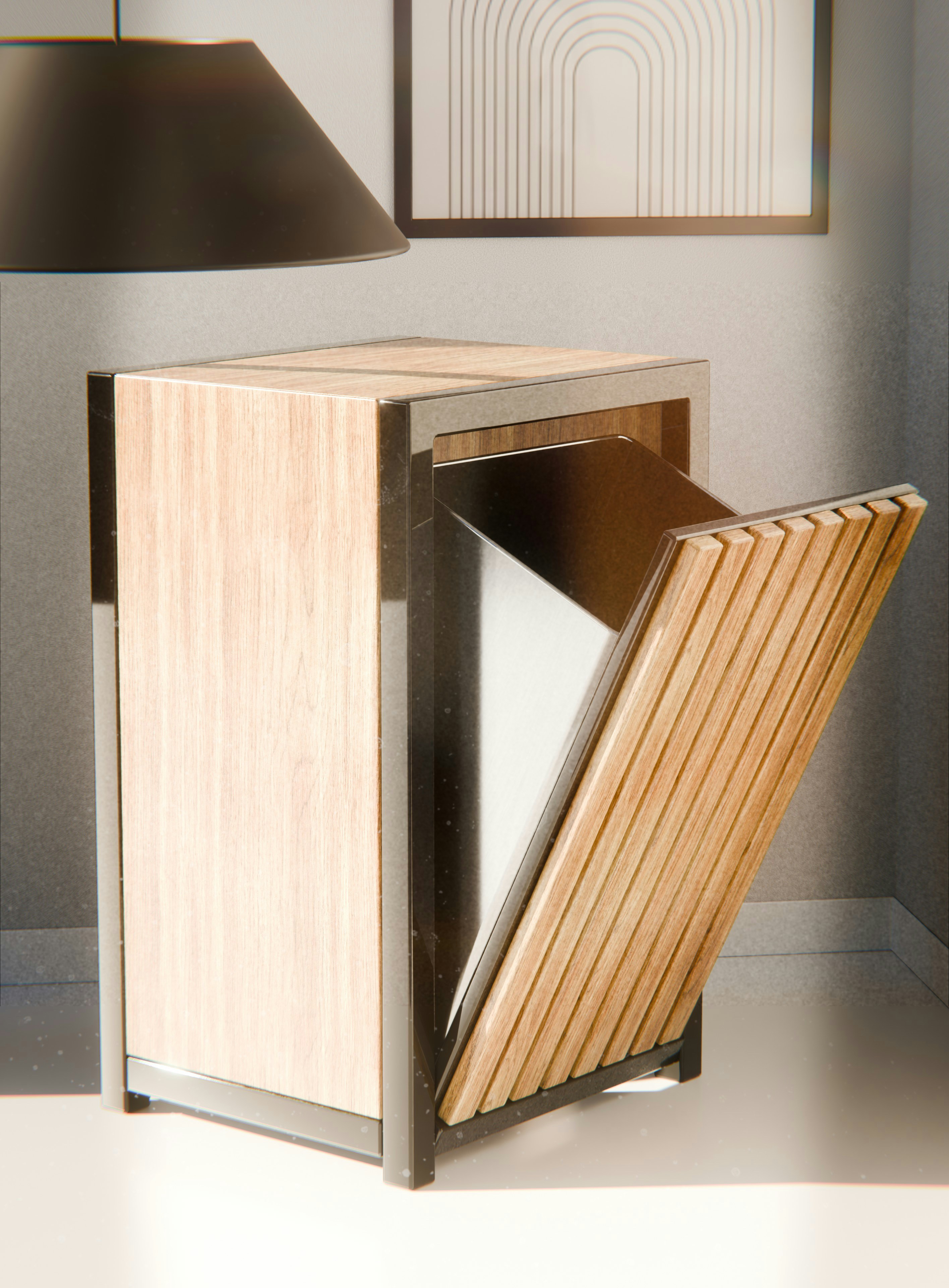 A wooden trash can with a metal frame