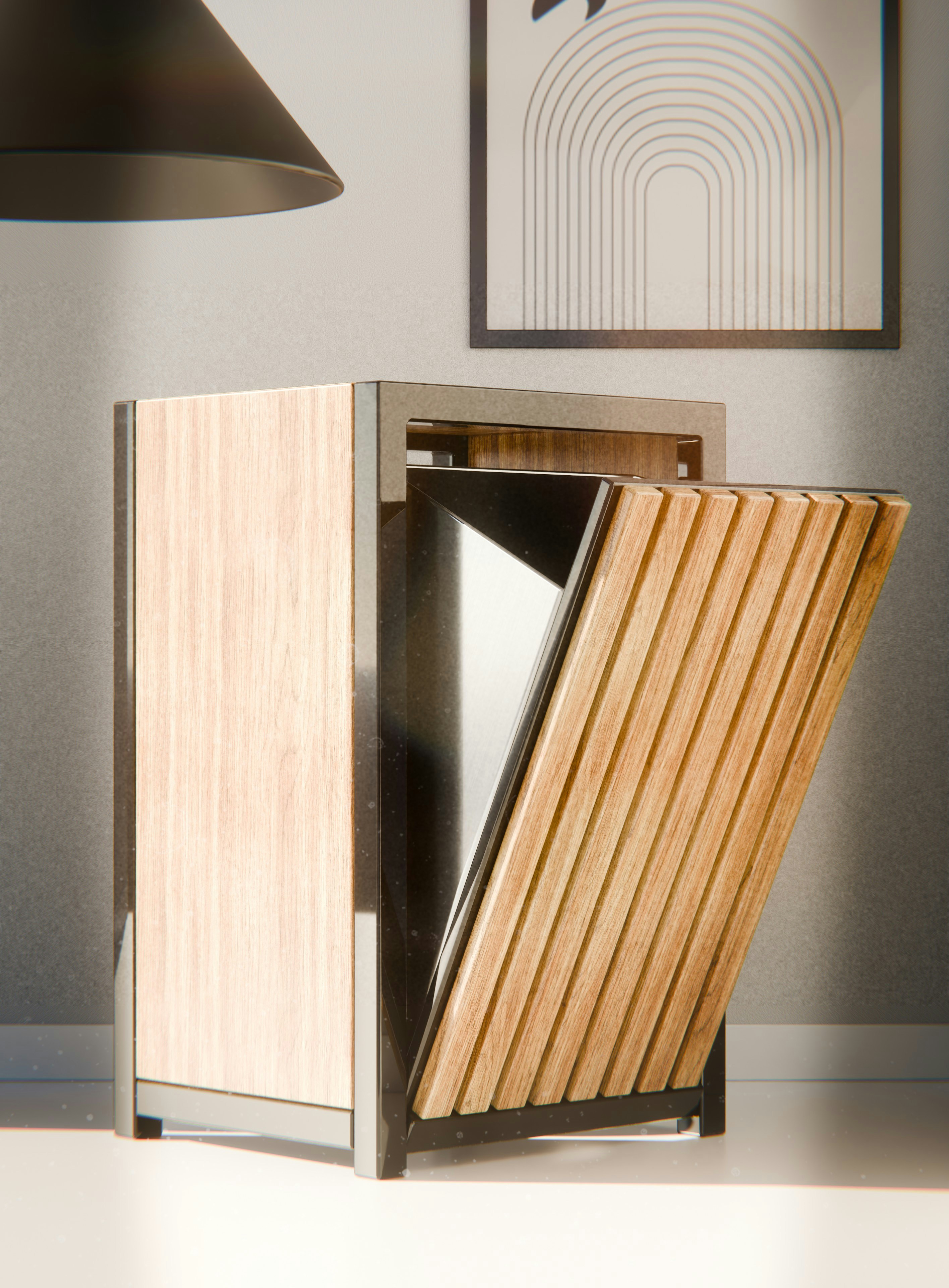 Modern wooden trash can with open lid