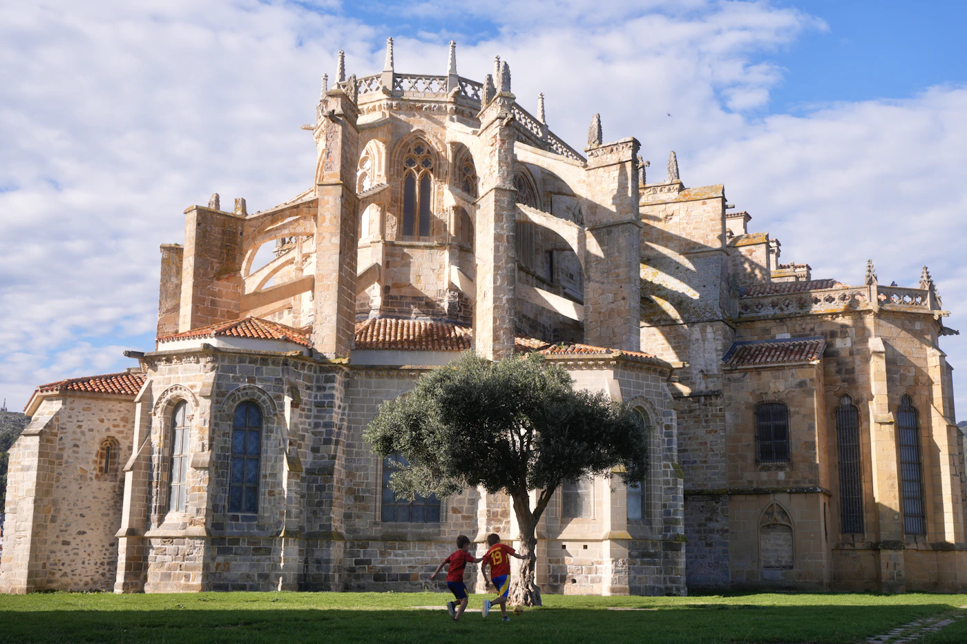 Grand historic stone cathedral with tall tower and detailed gothic architecture in a European city
