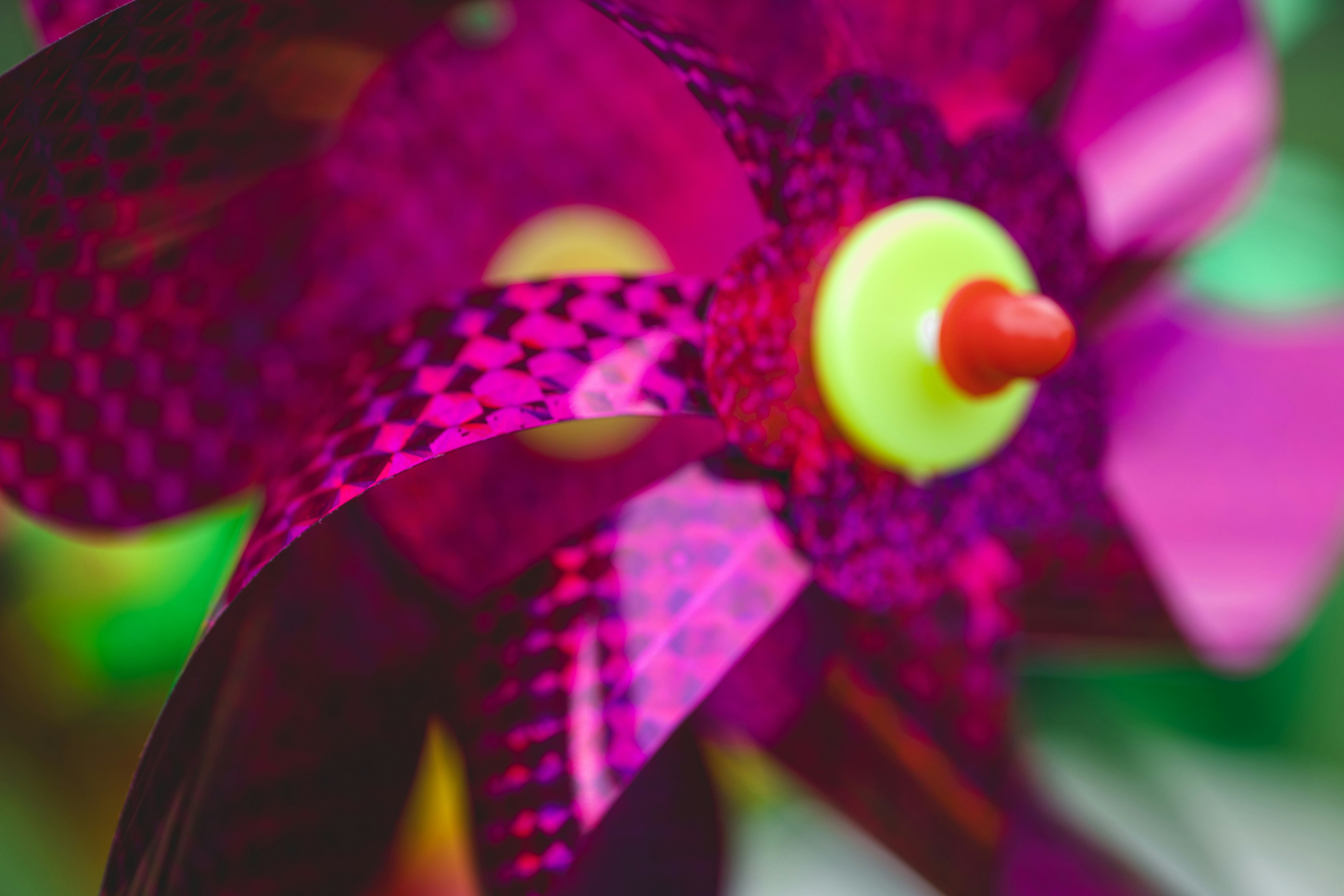 Close-up of a vibrant purple pinwheel with yellow center