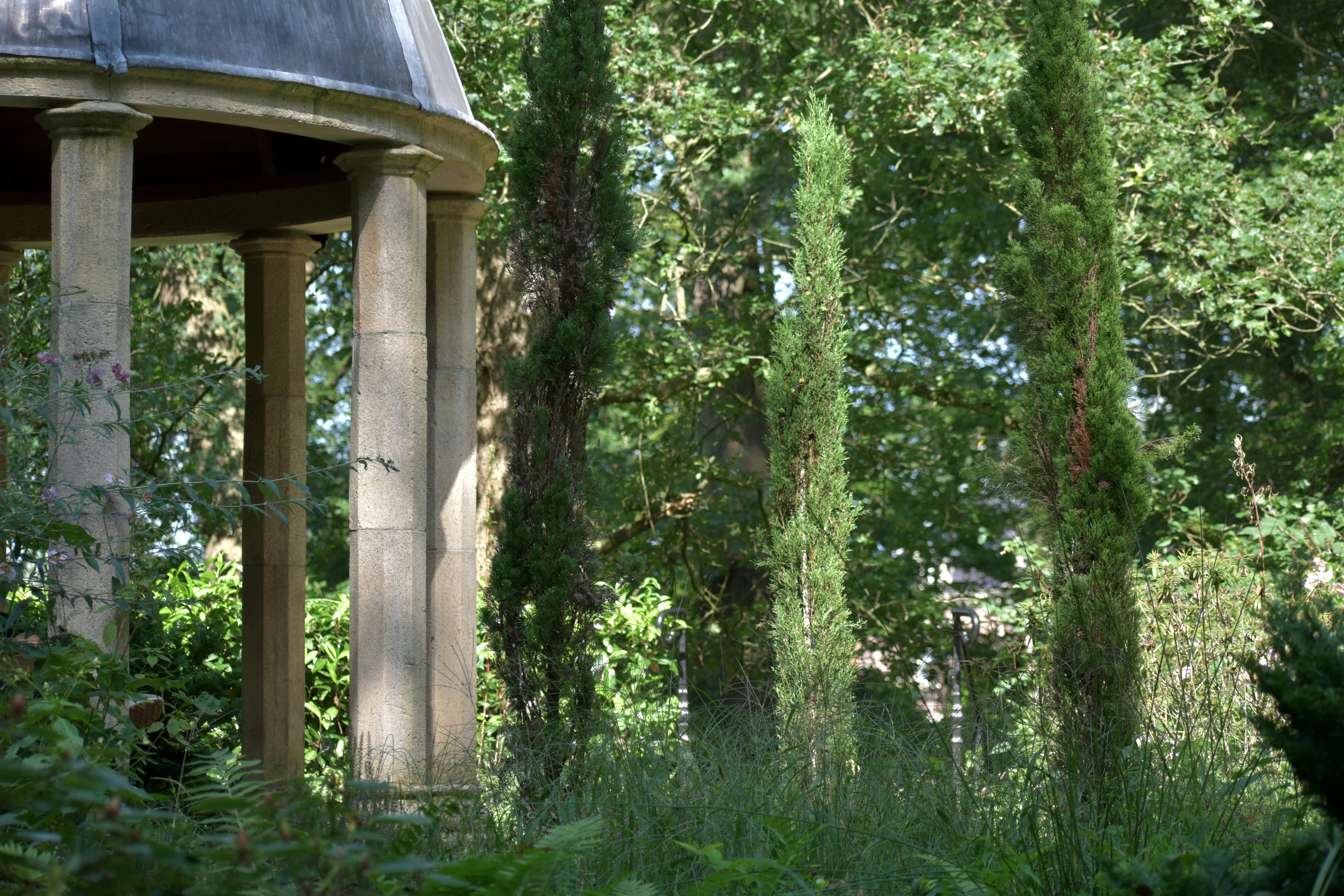 Una rotonda clásica con altos cipreses en un jardín
