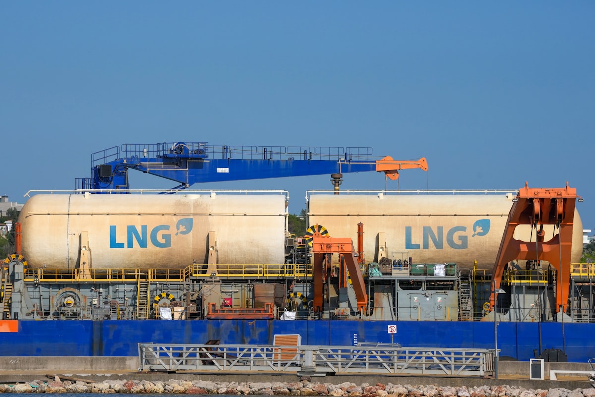 LNG export tanks at a marine terminal