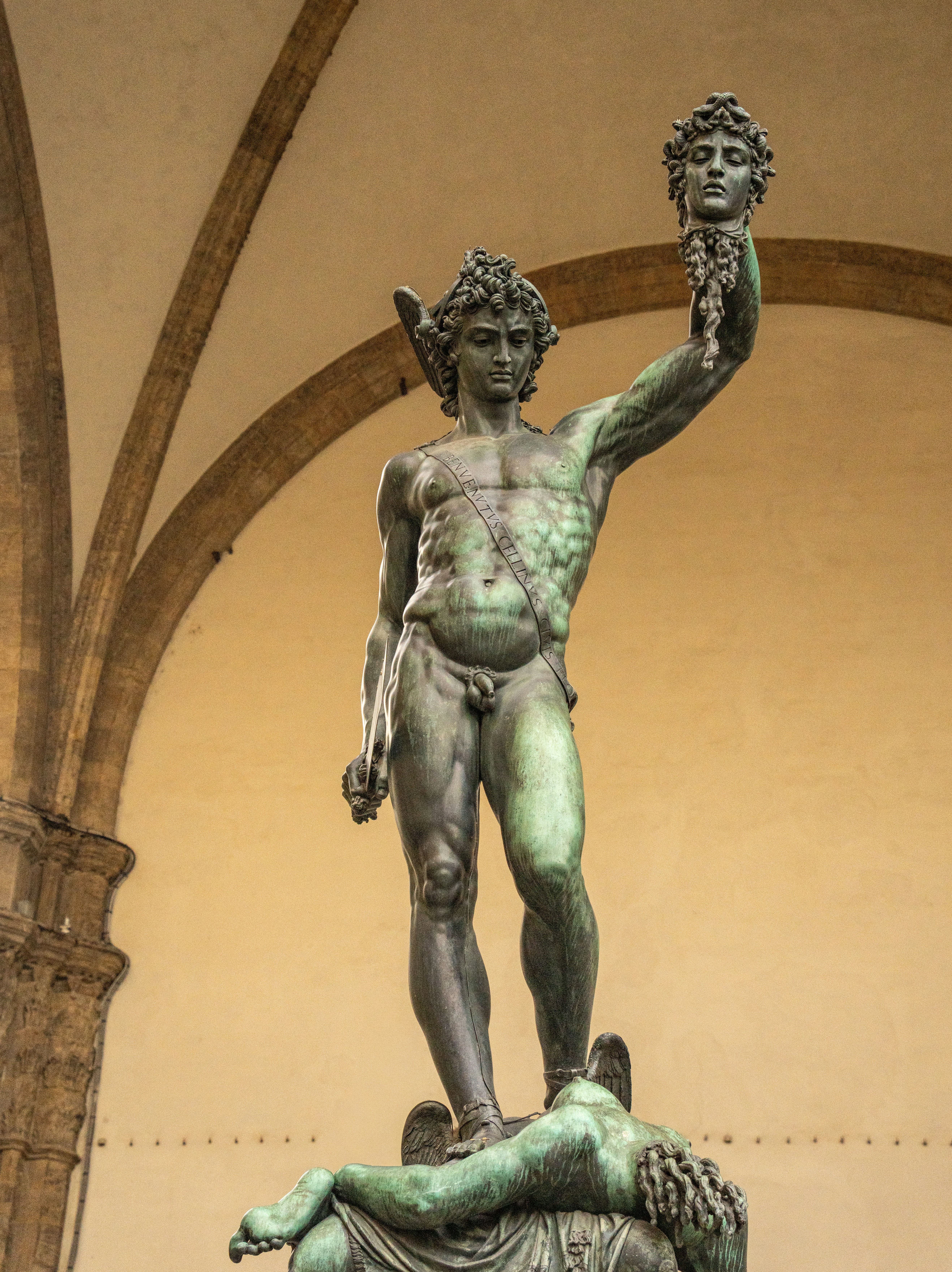 Perseus holding severed head of medusa
