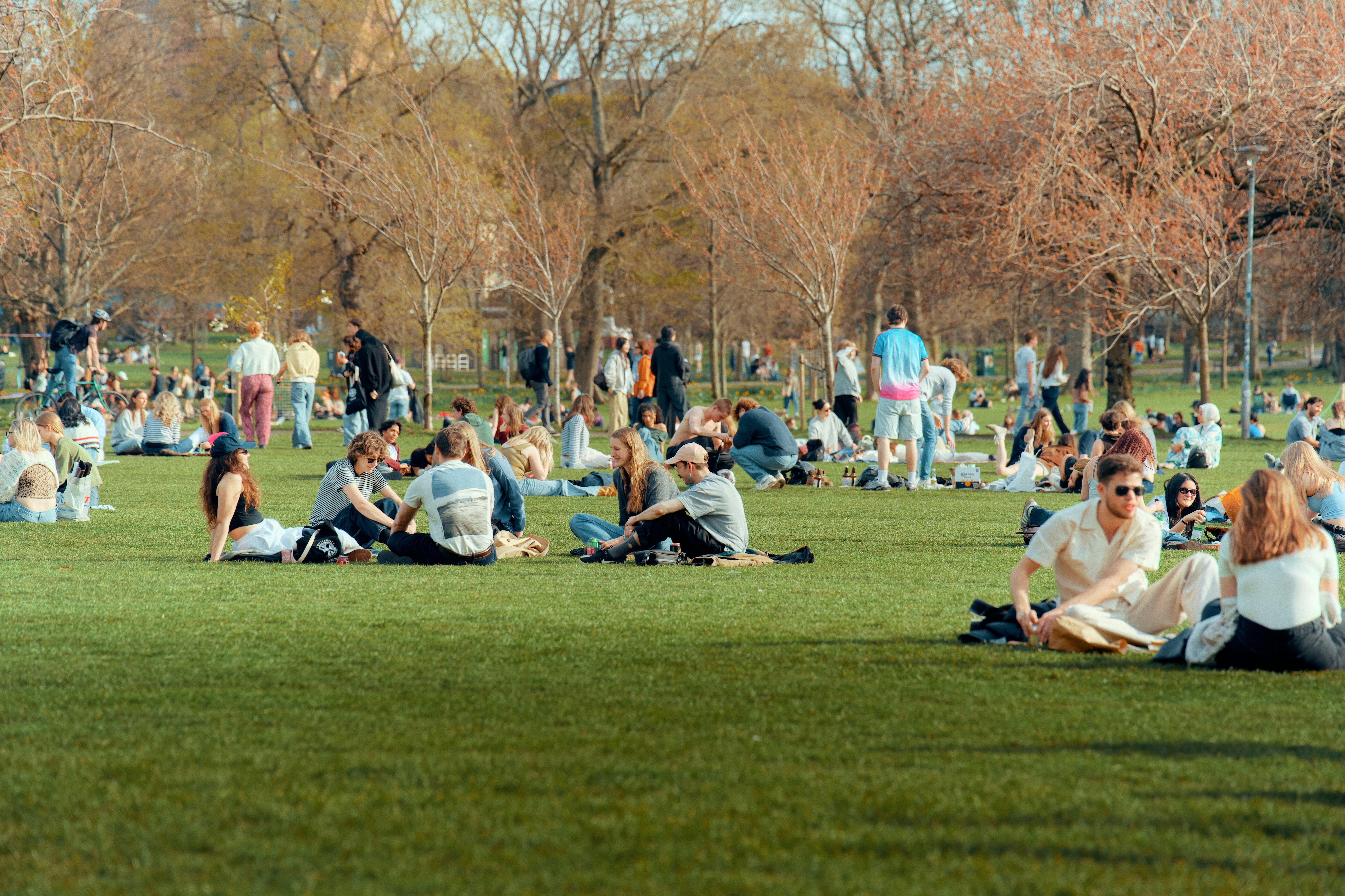 People relaxing on the grass in a park