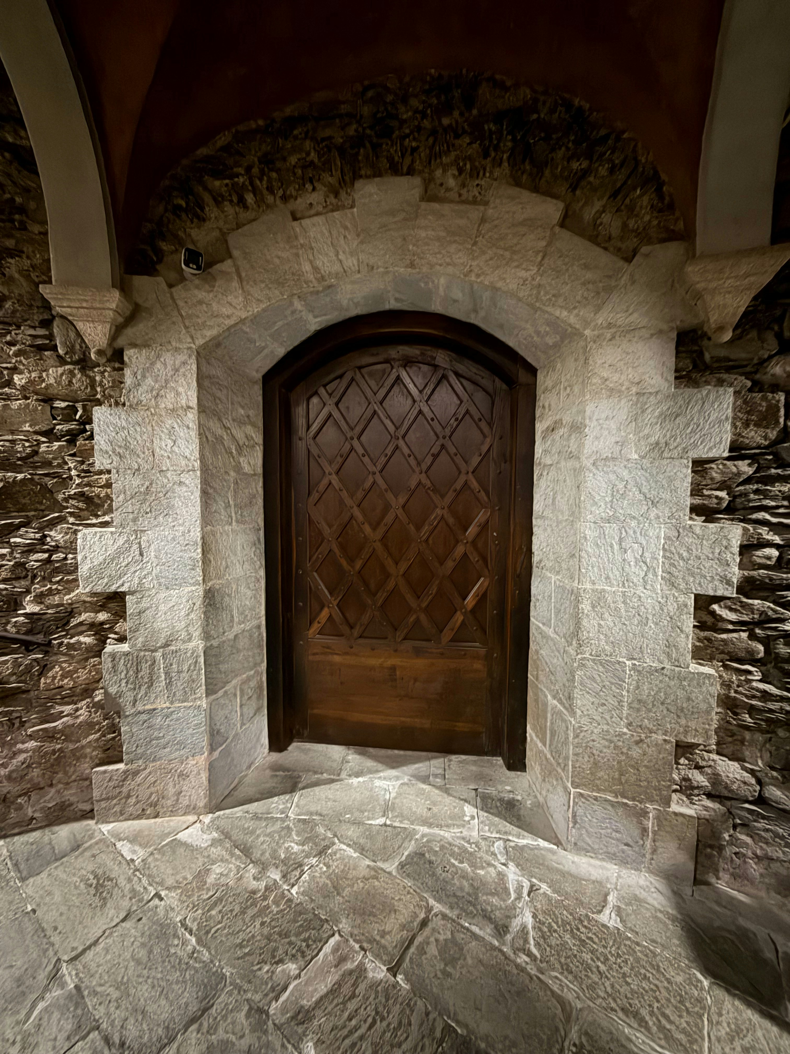 A rustic wooden door set in a stone archway
