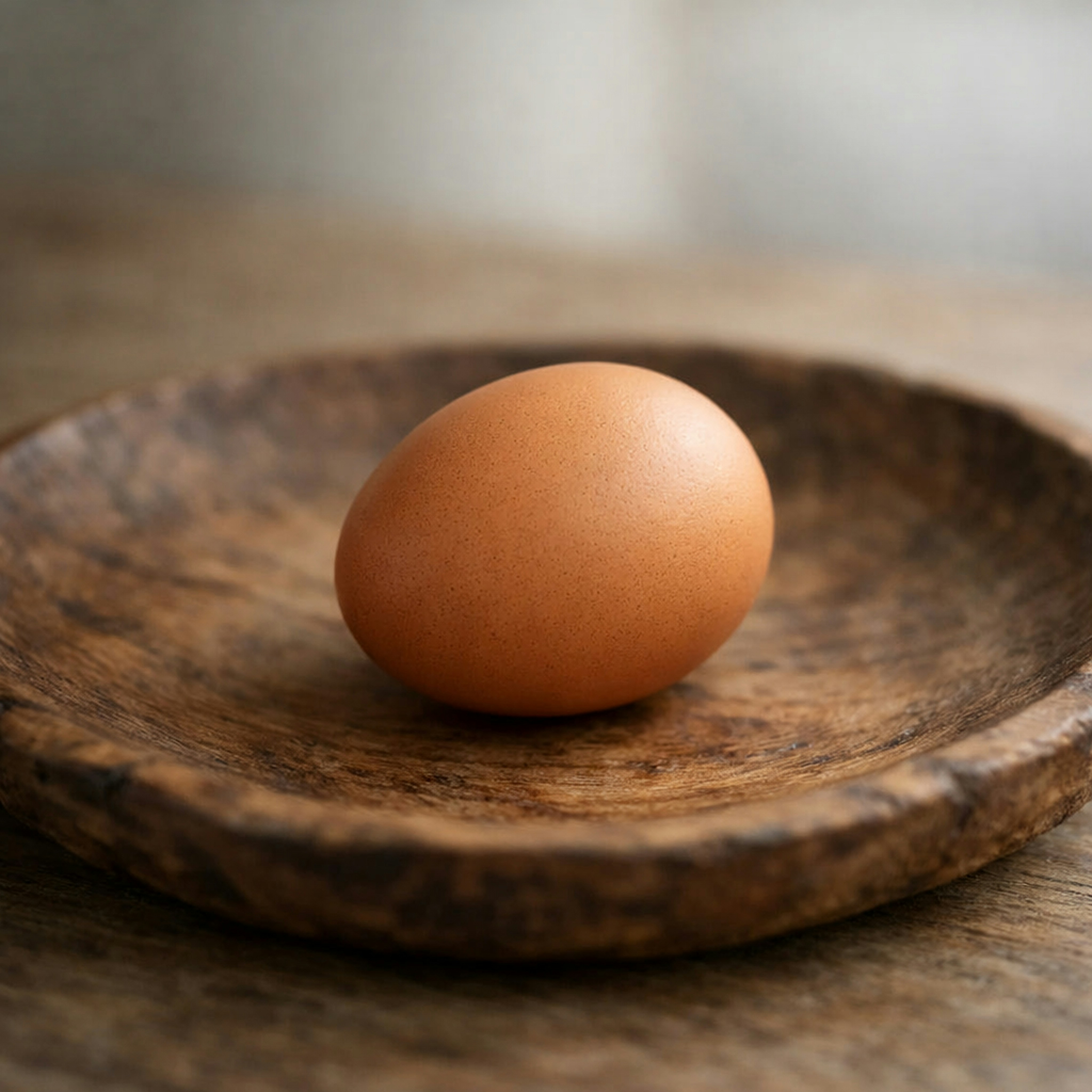 A single brown egg rests on a wooden plate.