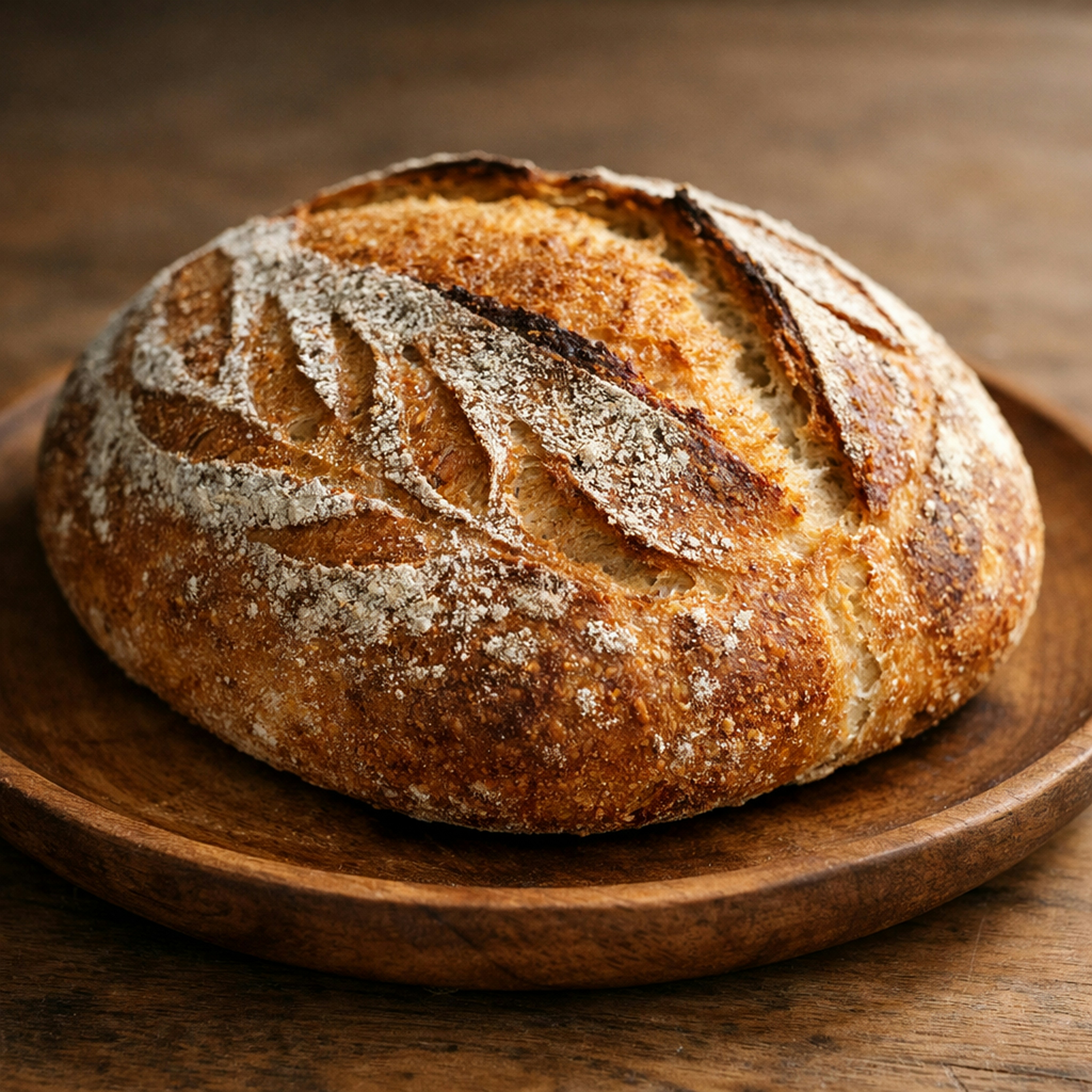 Złocisty bochenek chleba na zakwasie na drewnianym talerzu