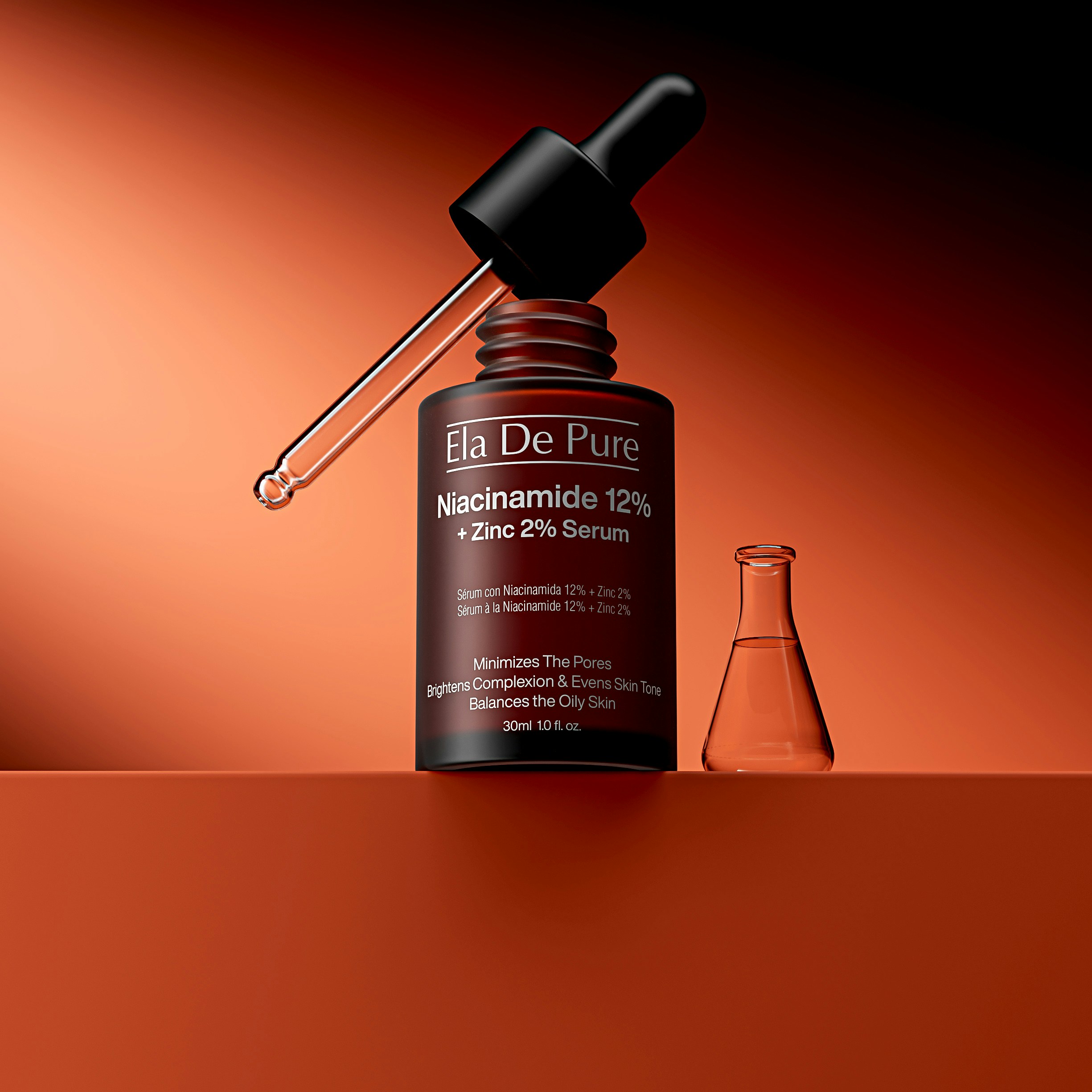 Niacinamide serum bottle with dropper and small flask