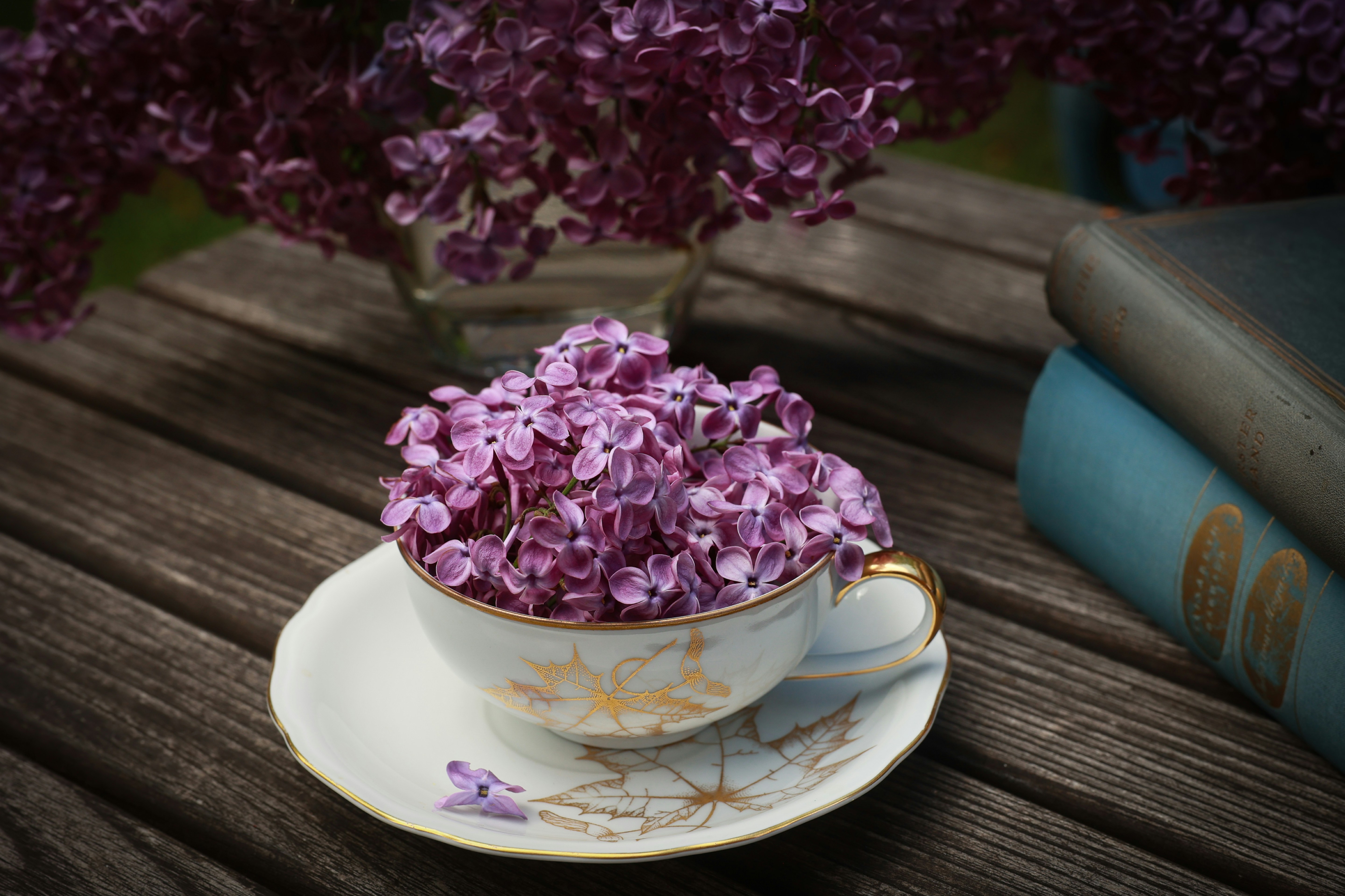 Purple lilacs fill a teacup on a wooden table.