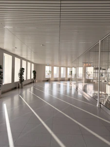 Sunlight streams across a modern, empty hallway.