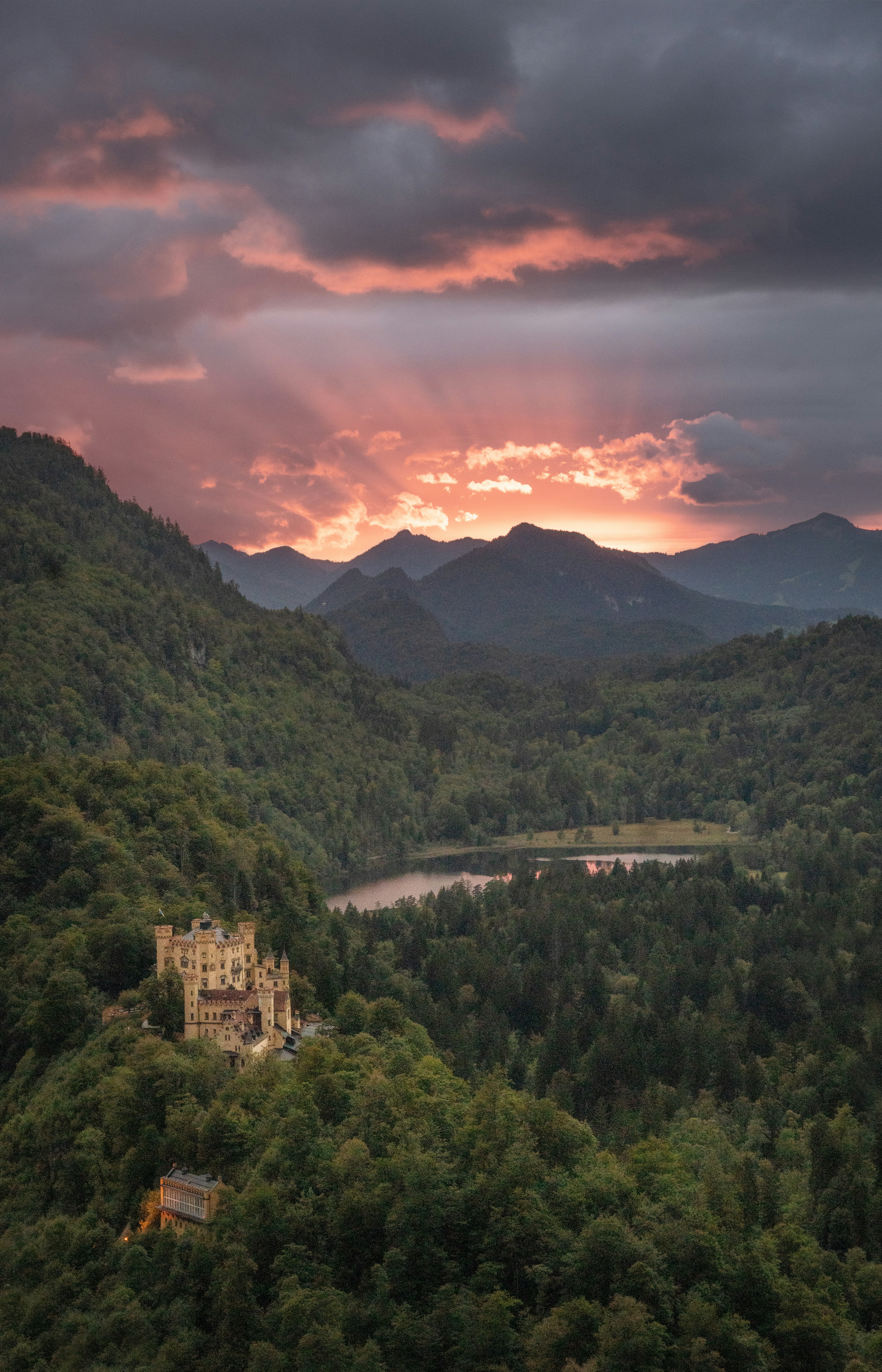 Castle nestled in a lush green forest during sunset