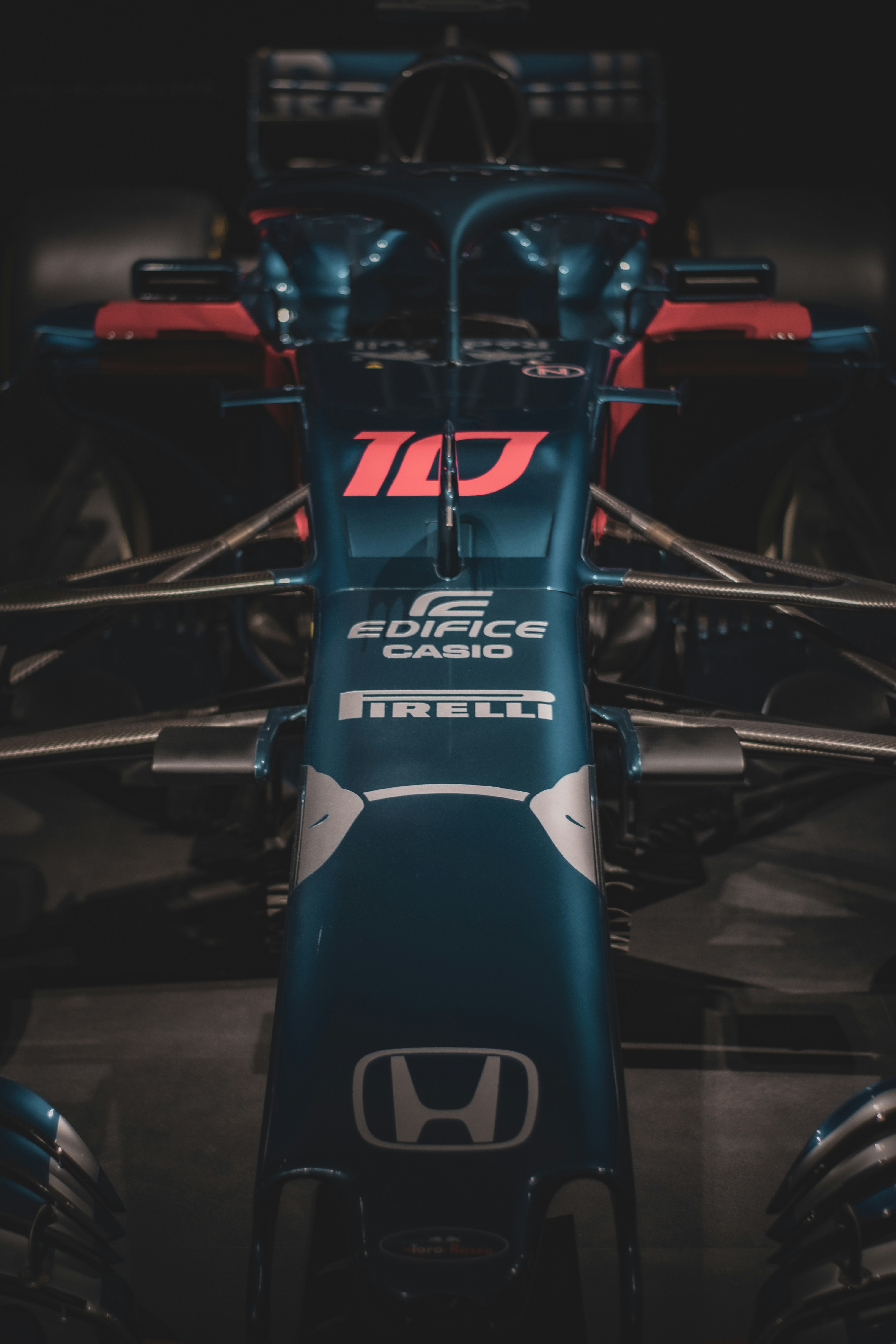 Front view of a dark blue race car