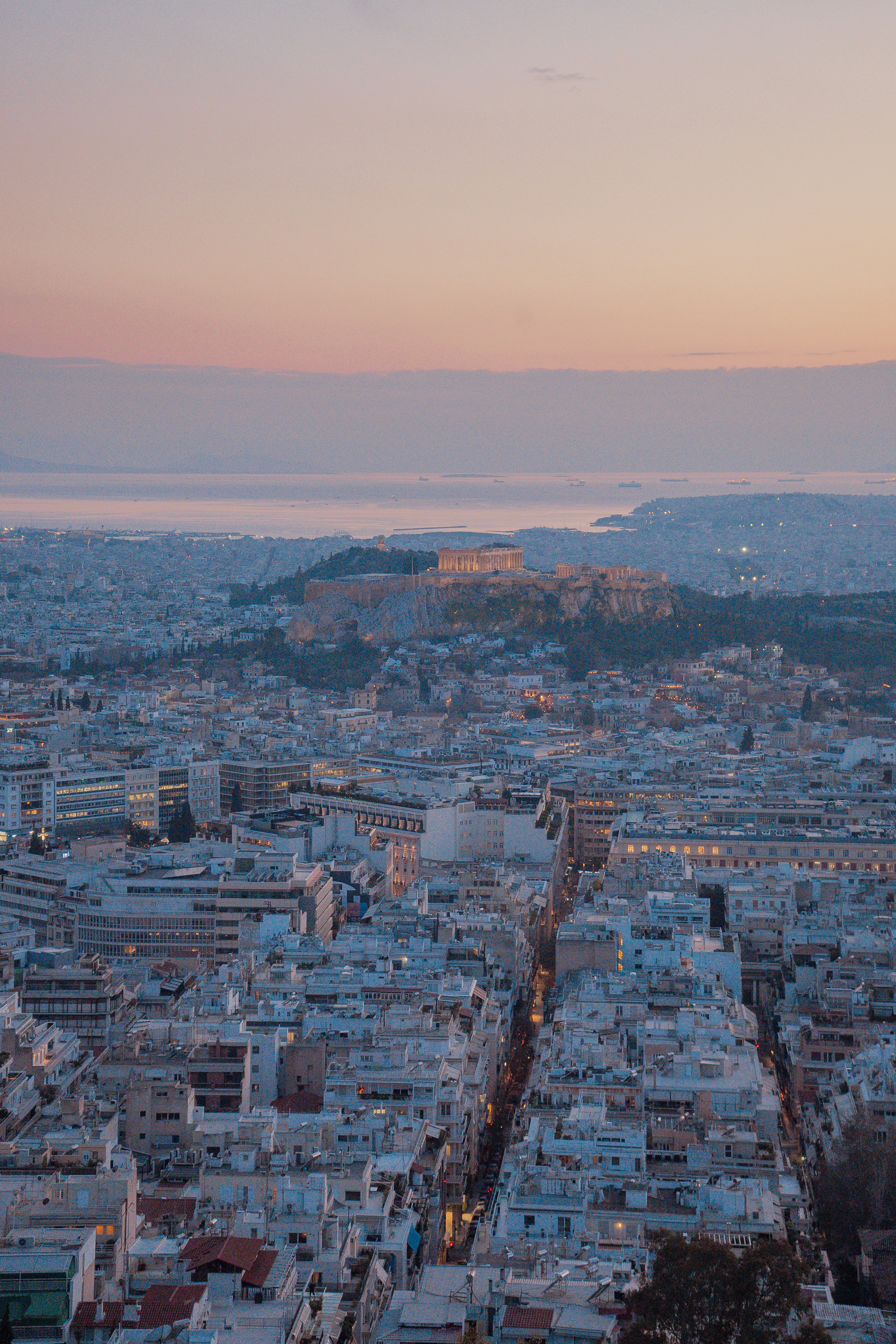 Cityscape with ancient ruins at sunset