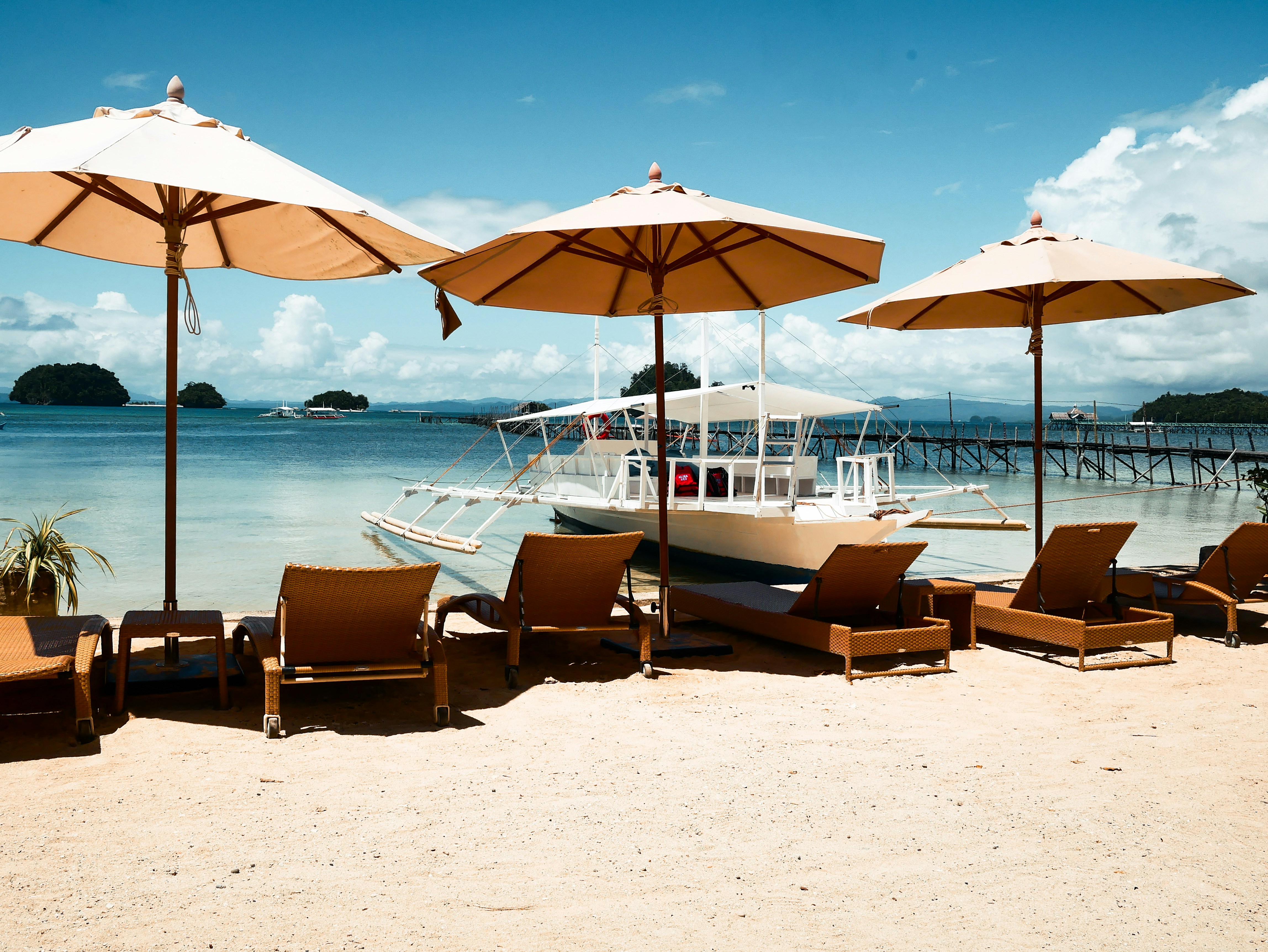 Beach chairs and umbrellas on a sandy shore with boats.