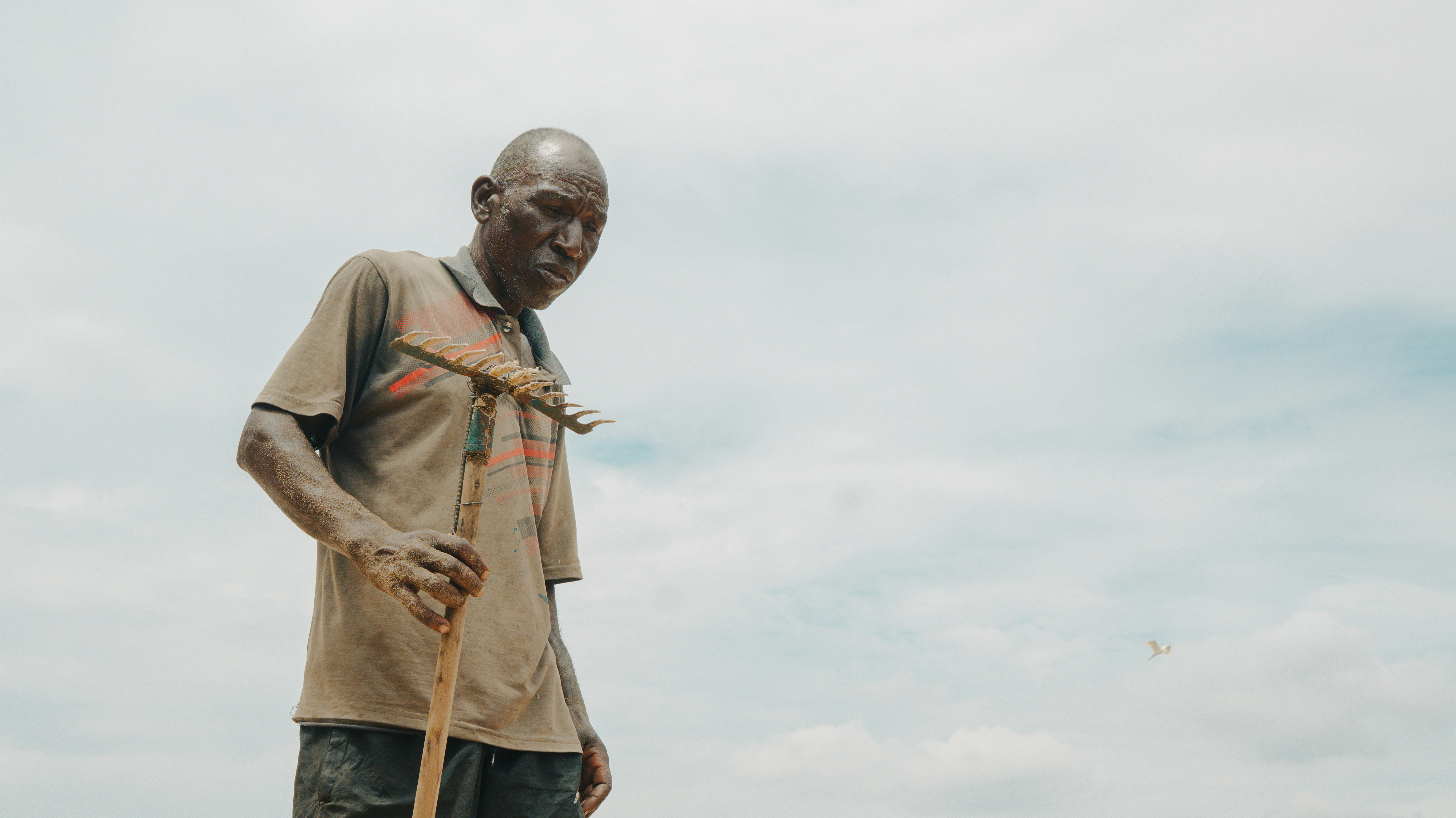 Man with a stick standing in a dry, dusty environment.