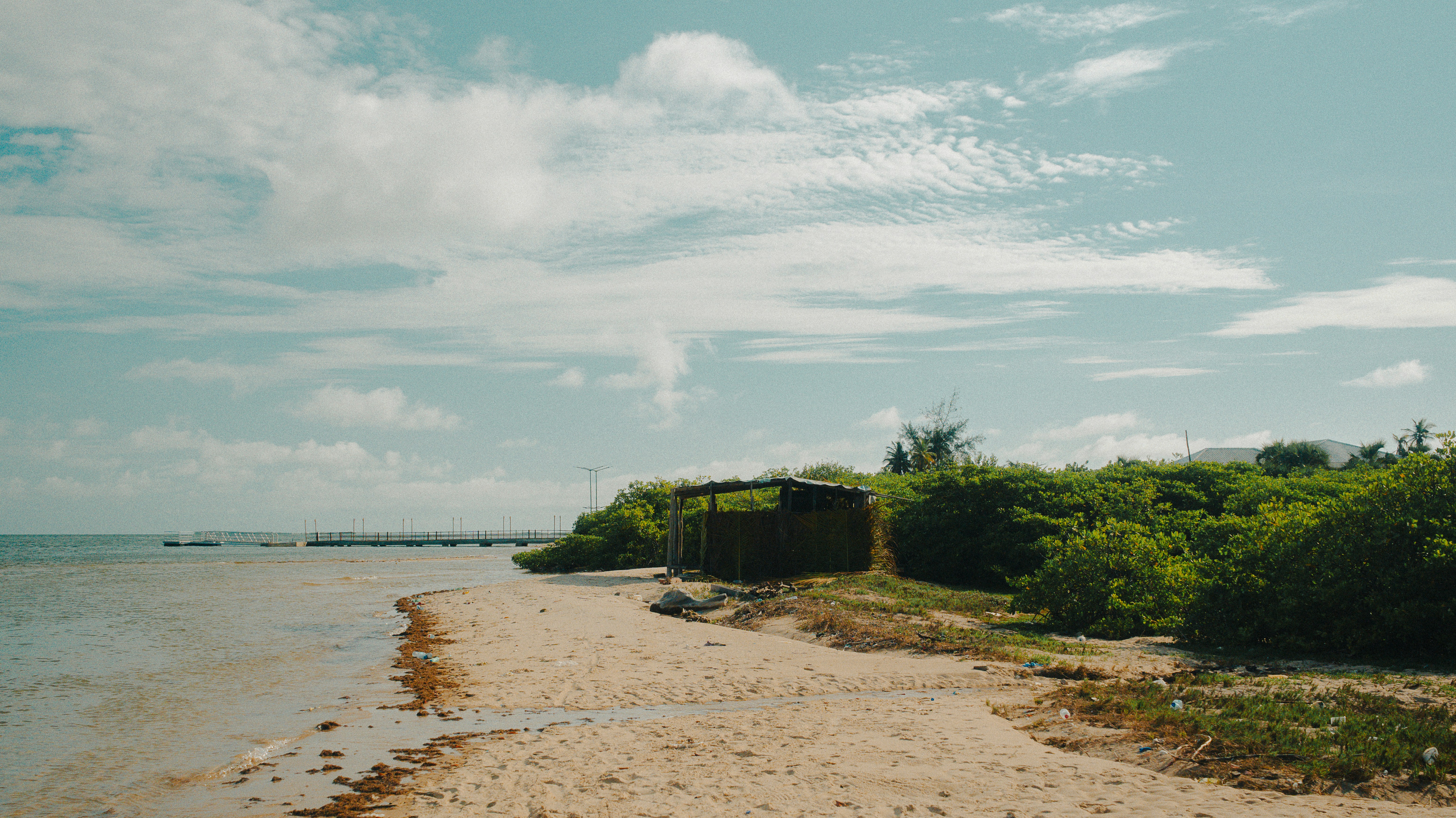 Sandy beach with vegetation and a small structure.