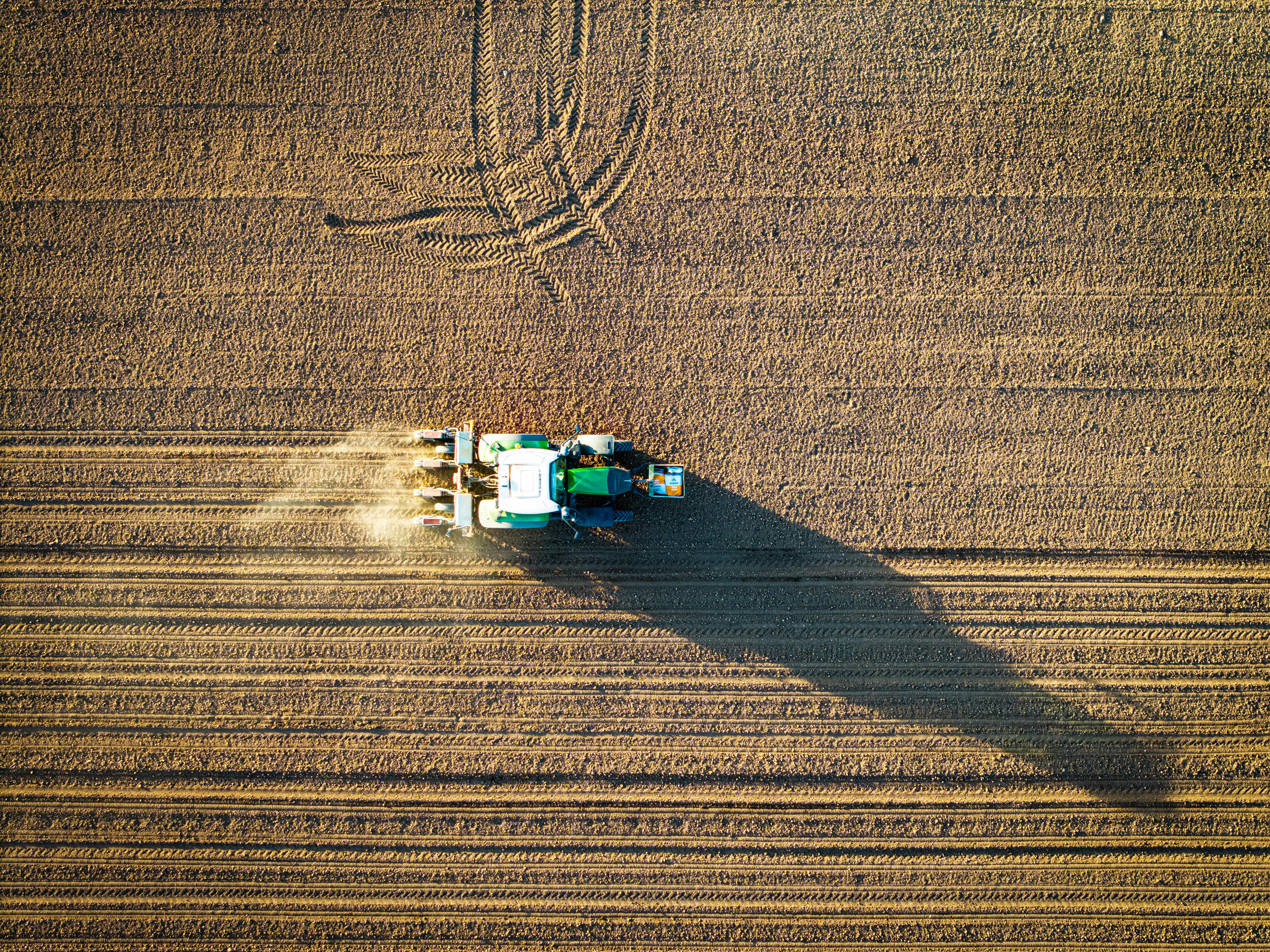 Tractor plowing a field at sunrise