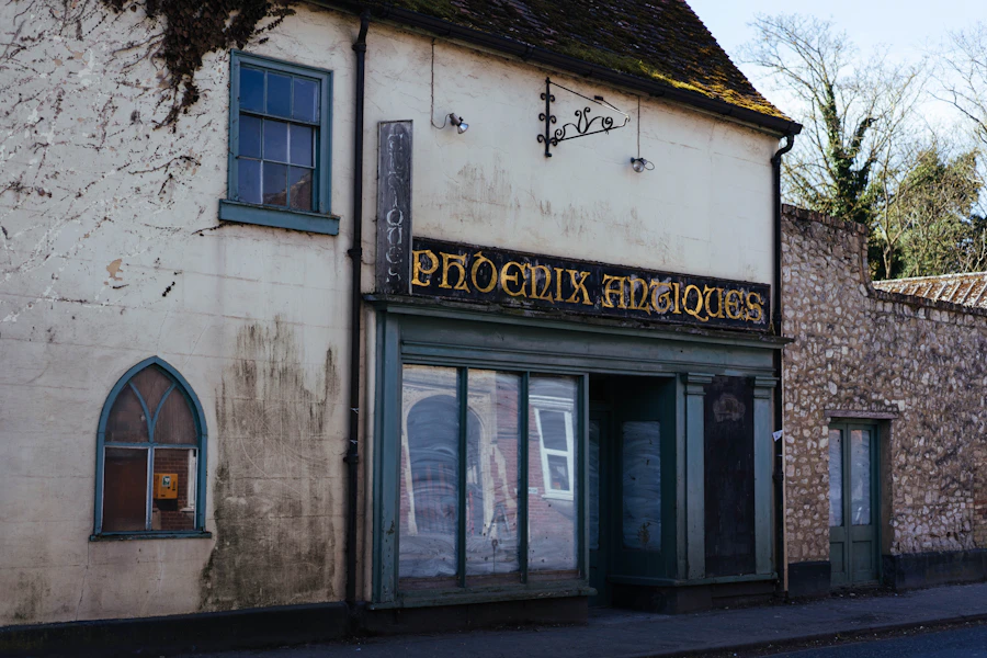 Antique shop storefront with a stone wall
