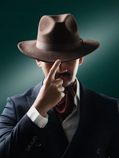 Man in fedora adjusts hat brim with finger