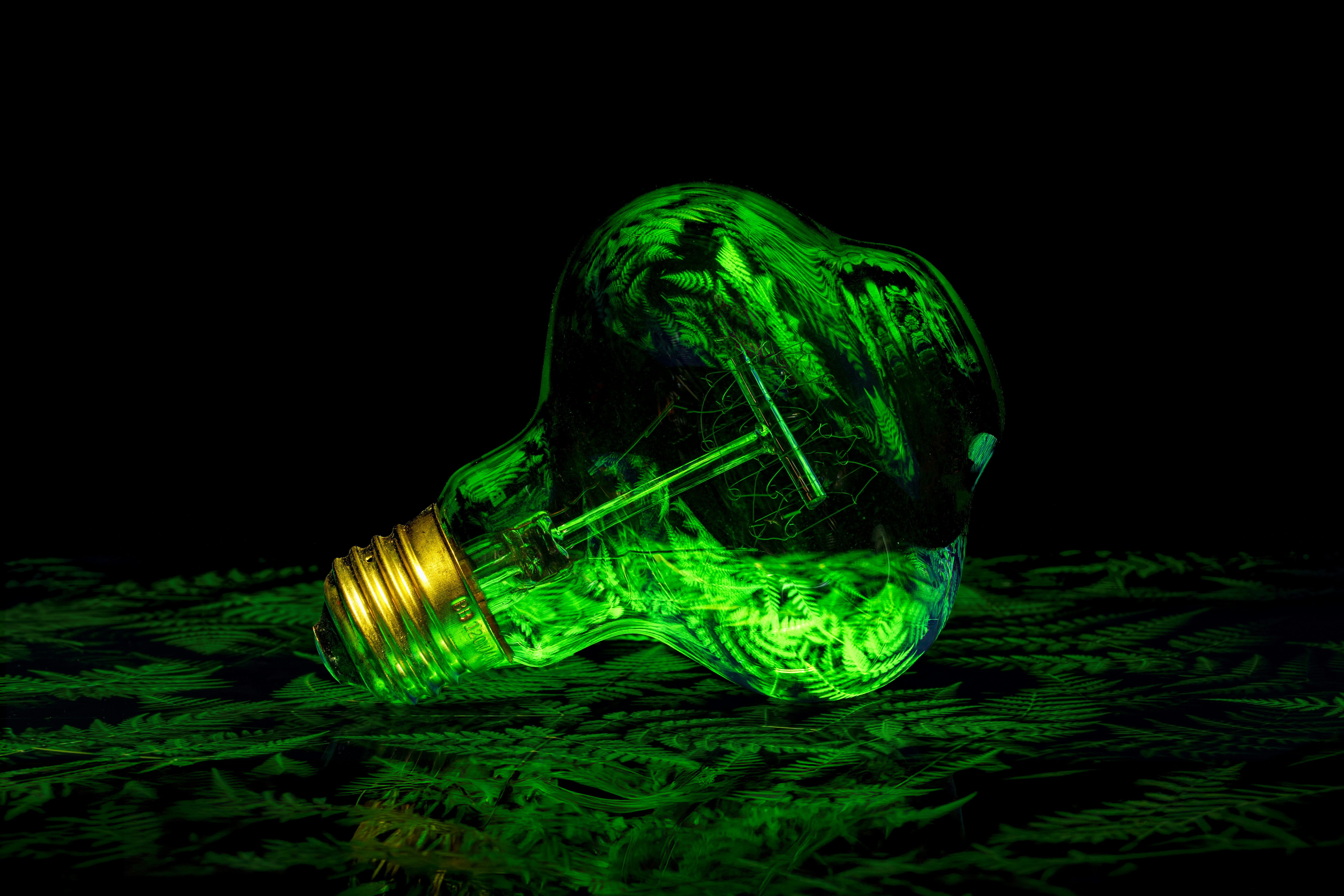 Une ampoule verte lumineuse sur fond sombre
