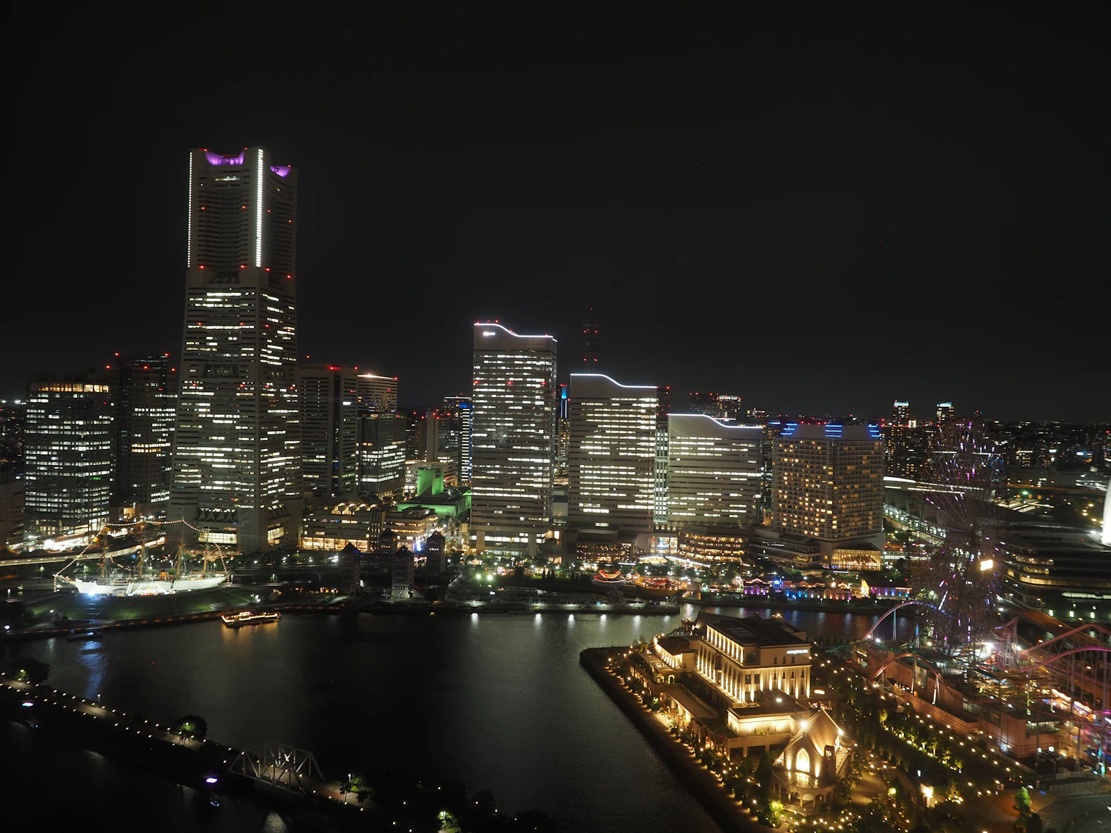 Minato Mirai skyline and waterfront illuminated at night