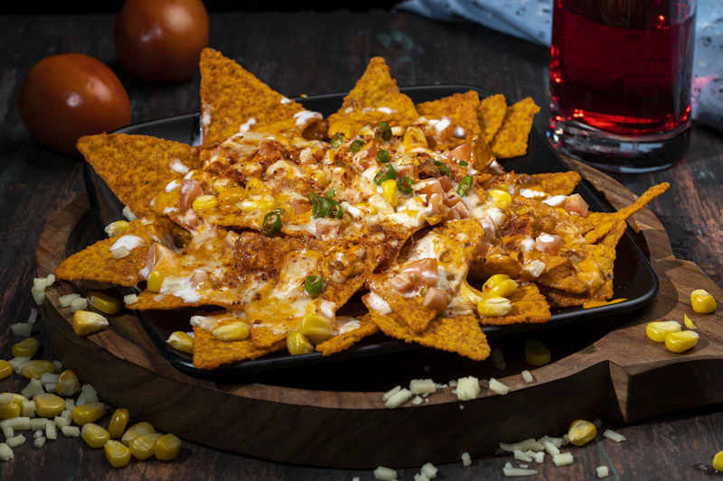 Loaded nachos piled high with cheese, jalapeños, beans and guacamole