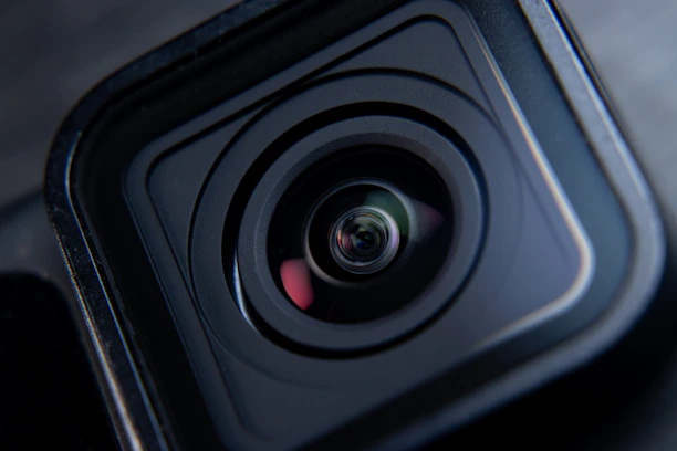 Close-up of a camera lens with reflections
