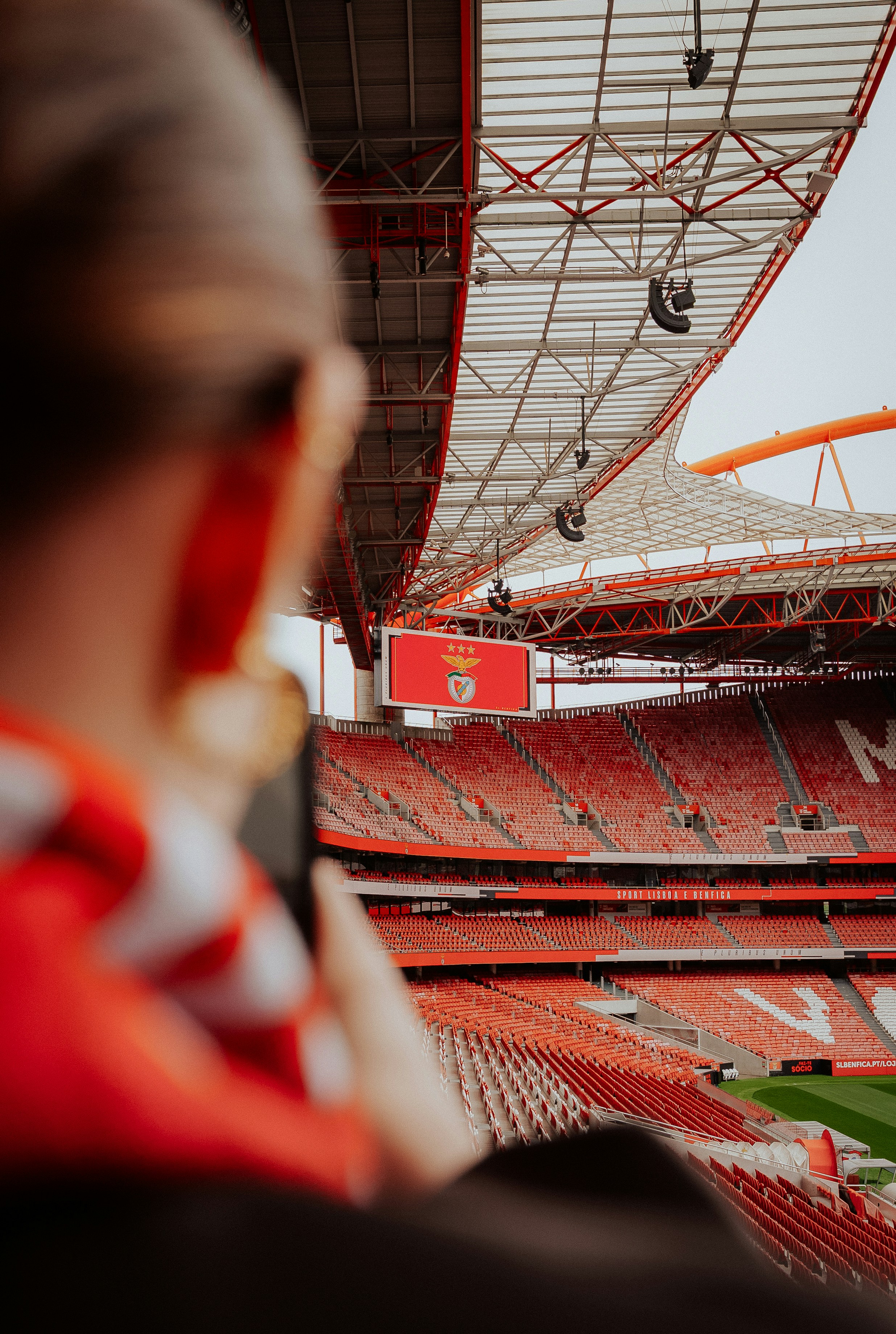 Fan with scarf at a red stadium watching a game