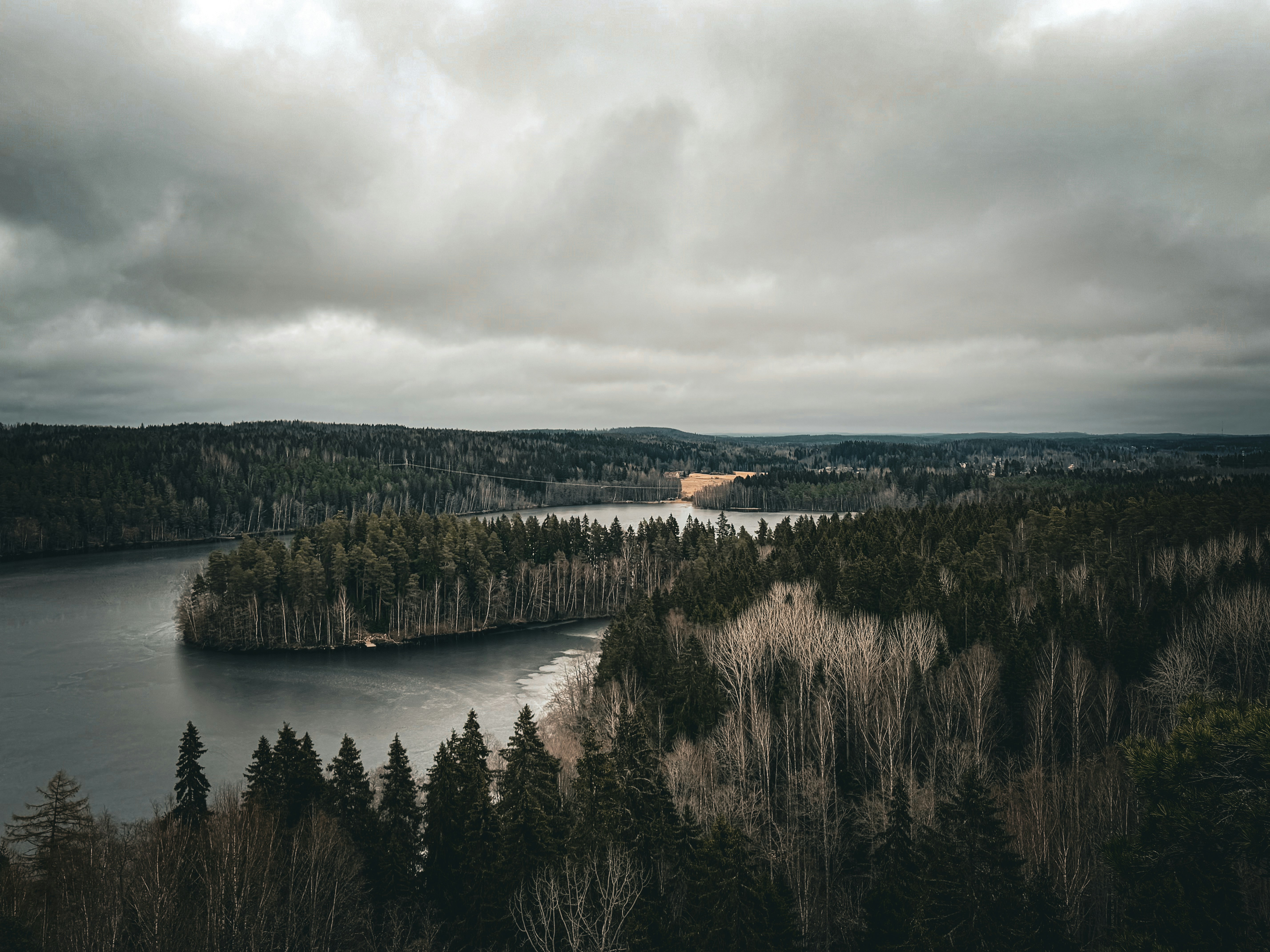 Bedeckter Himmel über einer See- und Waldlandschaft