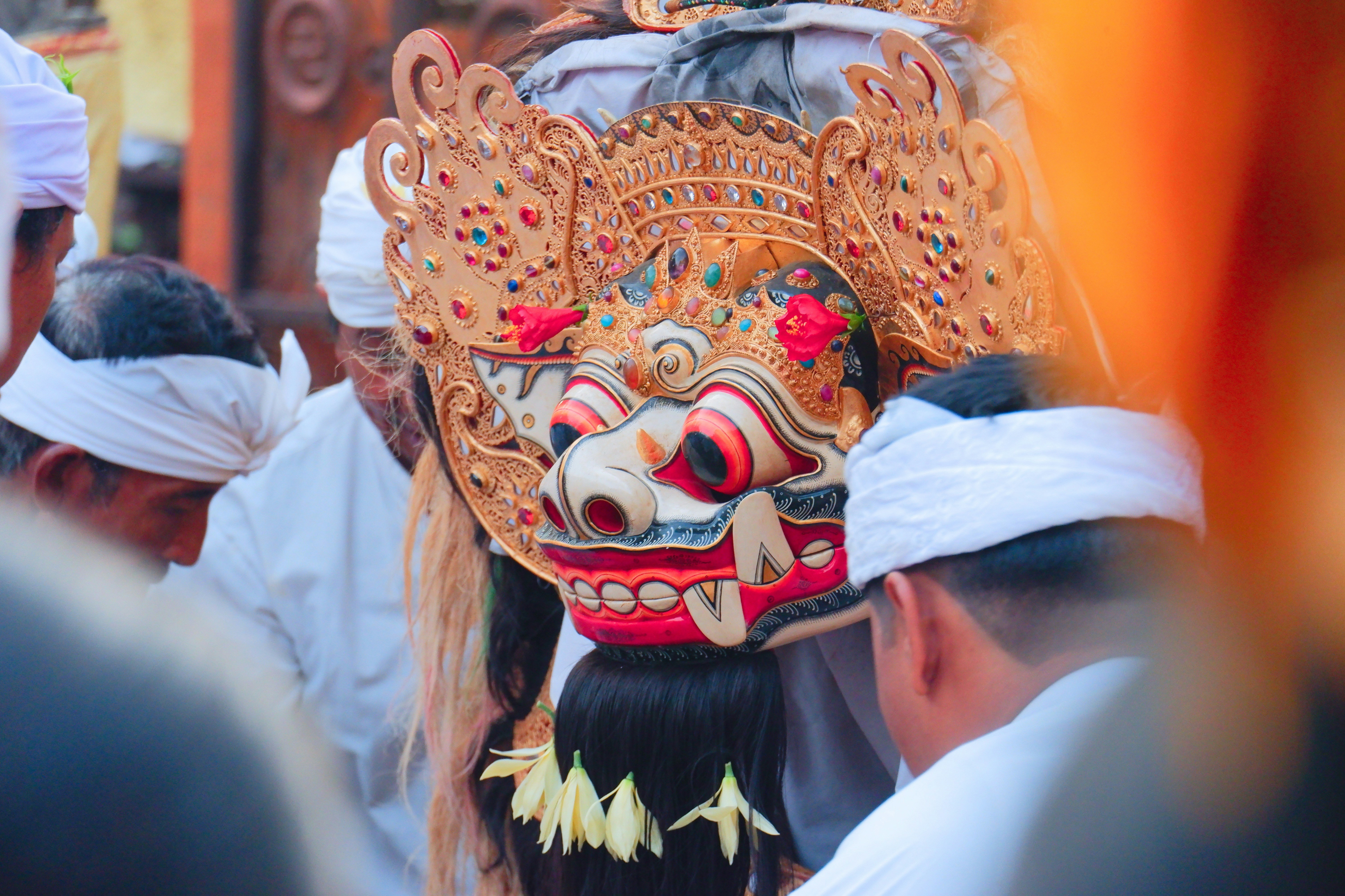 A traditional balinese mask during a ceremony