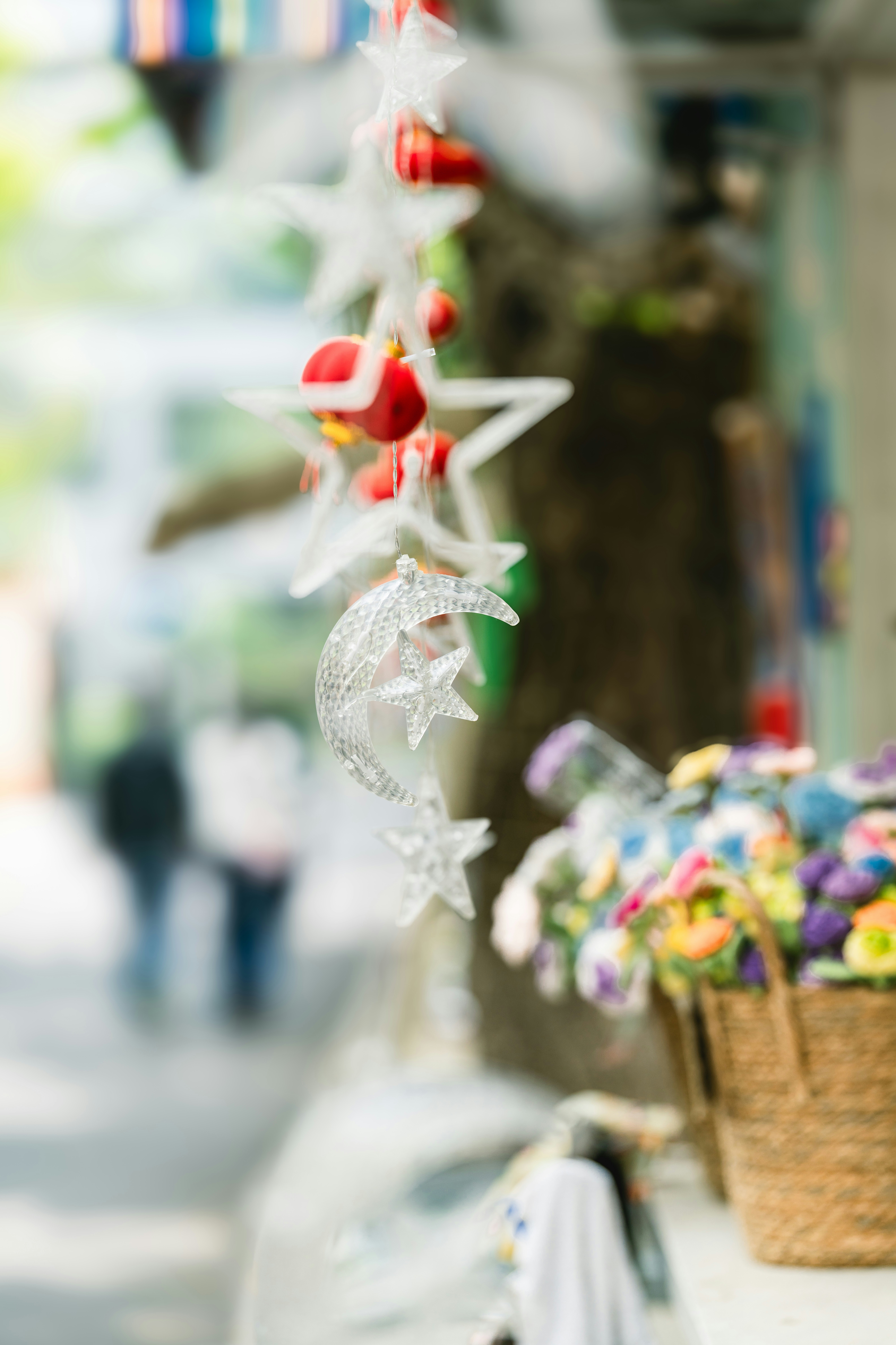 Hanging star ornaments with blurred background