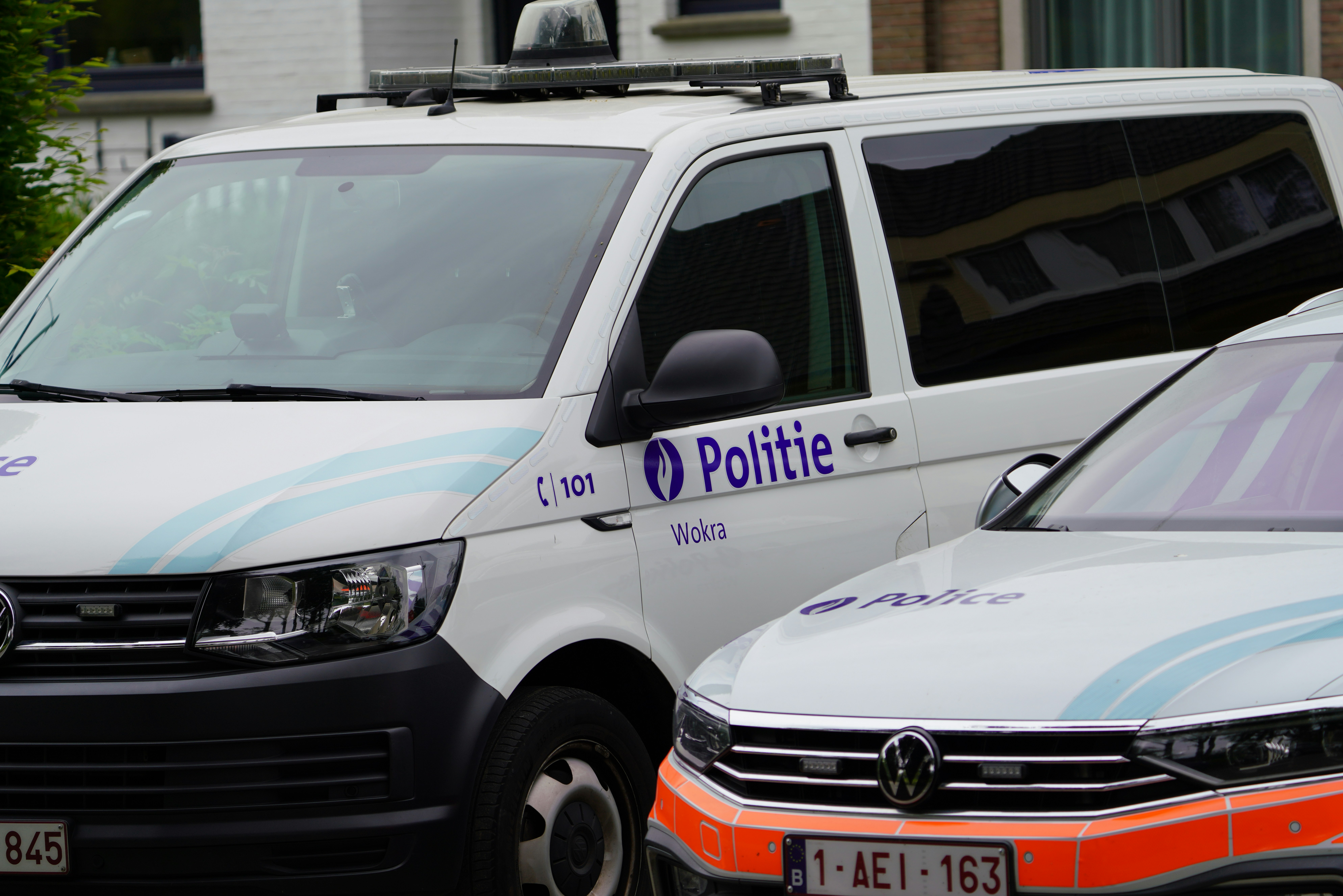 Two white police vans with blue accents
